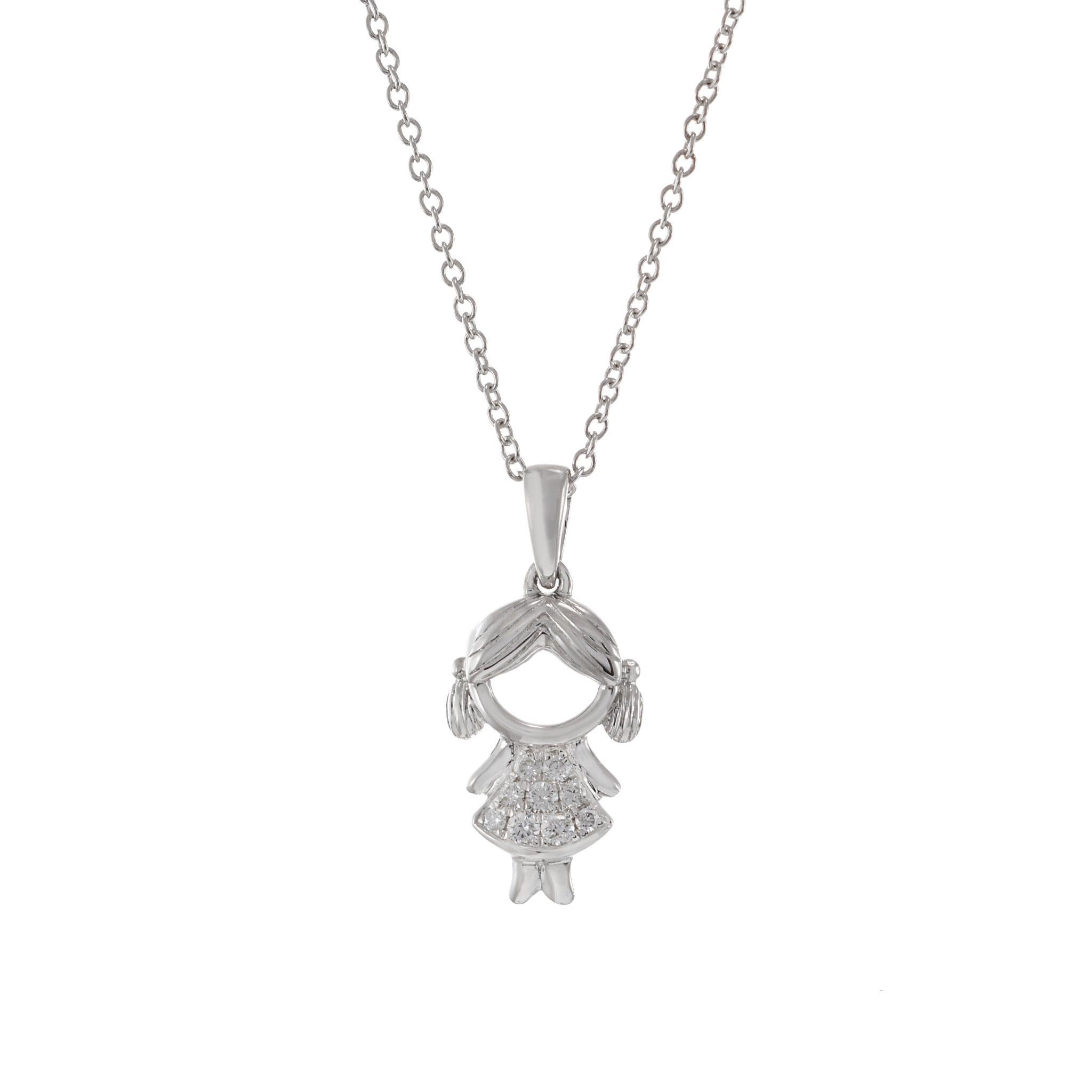 18KT white gold girl charm pendant consisting of 0.22CT-TW G-VS round brilliant diamonds. It's an exquisite piece of jewelry crafted with glittering white gold and 0.22CT-TW of round brilliant diamonds, perfect for that special moment. Length 20