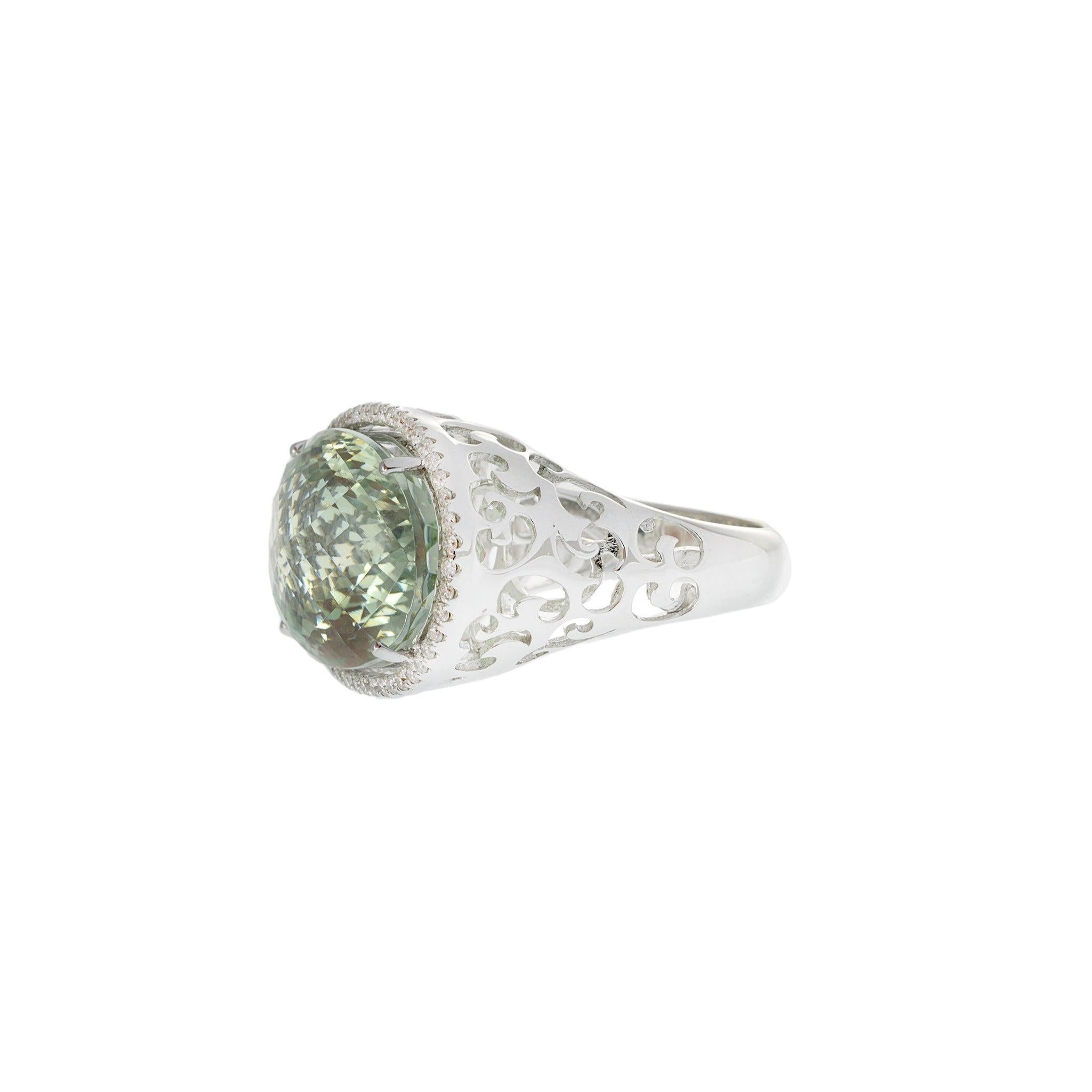Brilliant Cut 18KT White Gold Green Amethyst and Diamond Ring For Sale