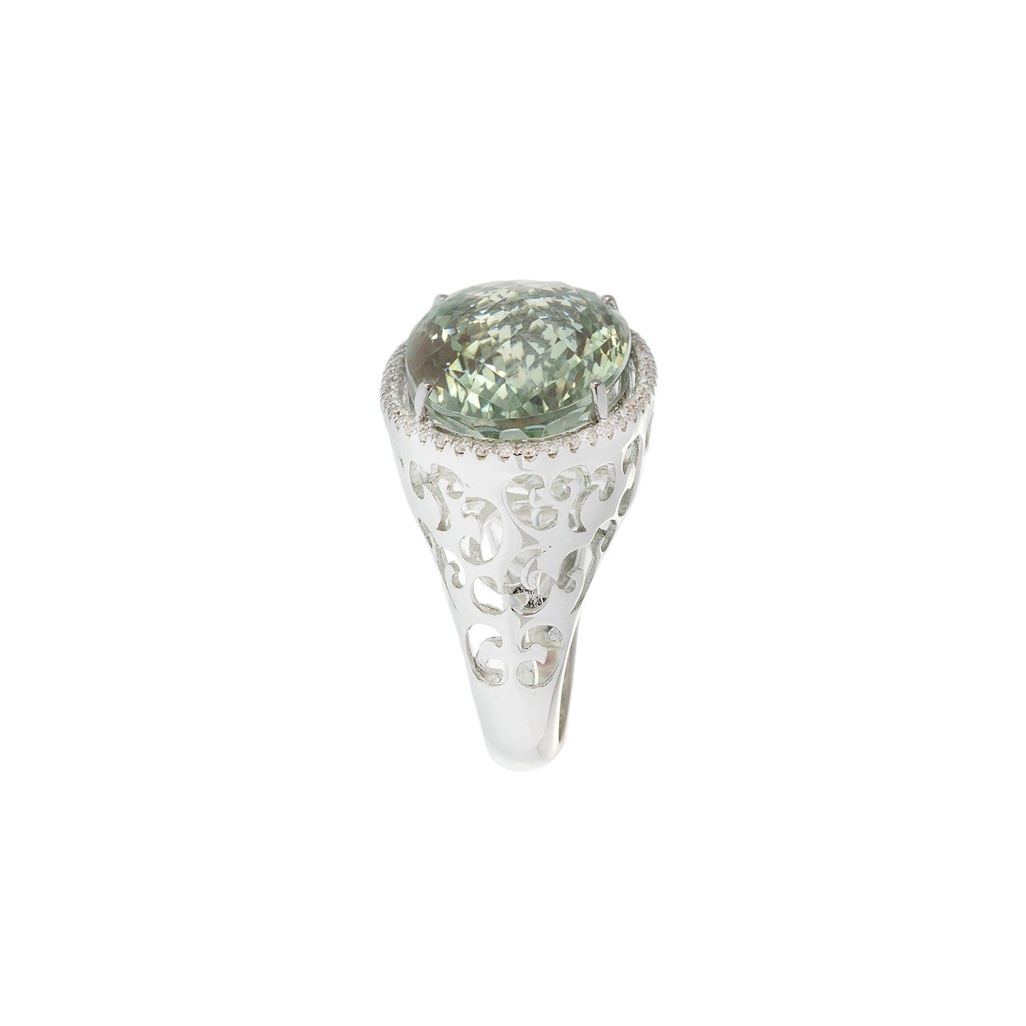 Women's 18KT White Gold Green Amethyst and Diamond Ring For Sale