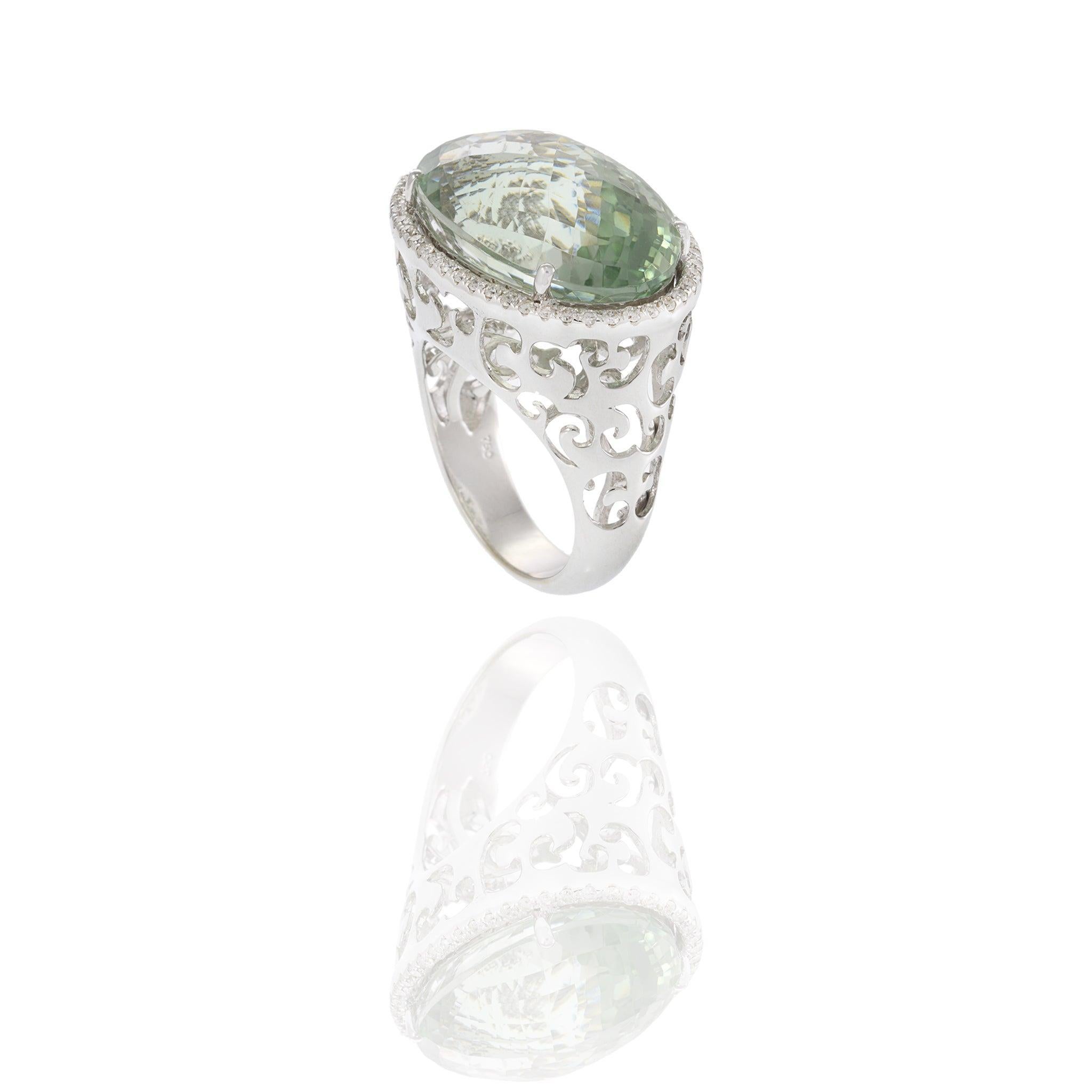 18KT White Gold Green Amethyst and Diamond Ring For Sale 1
