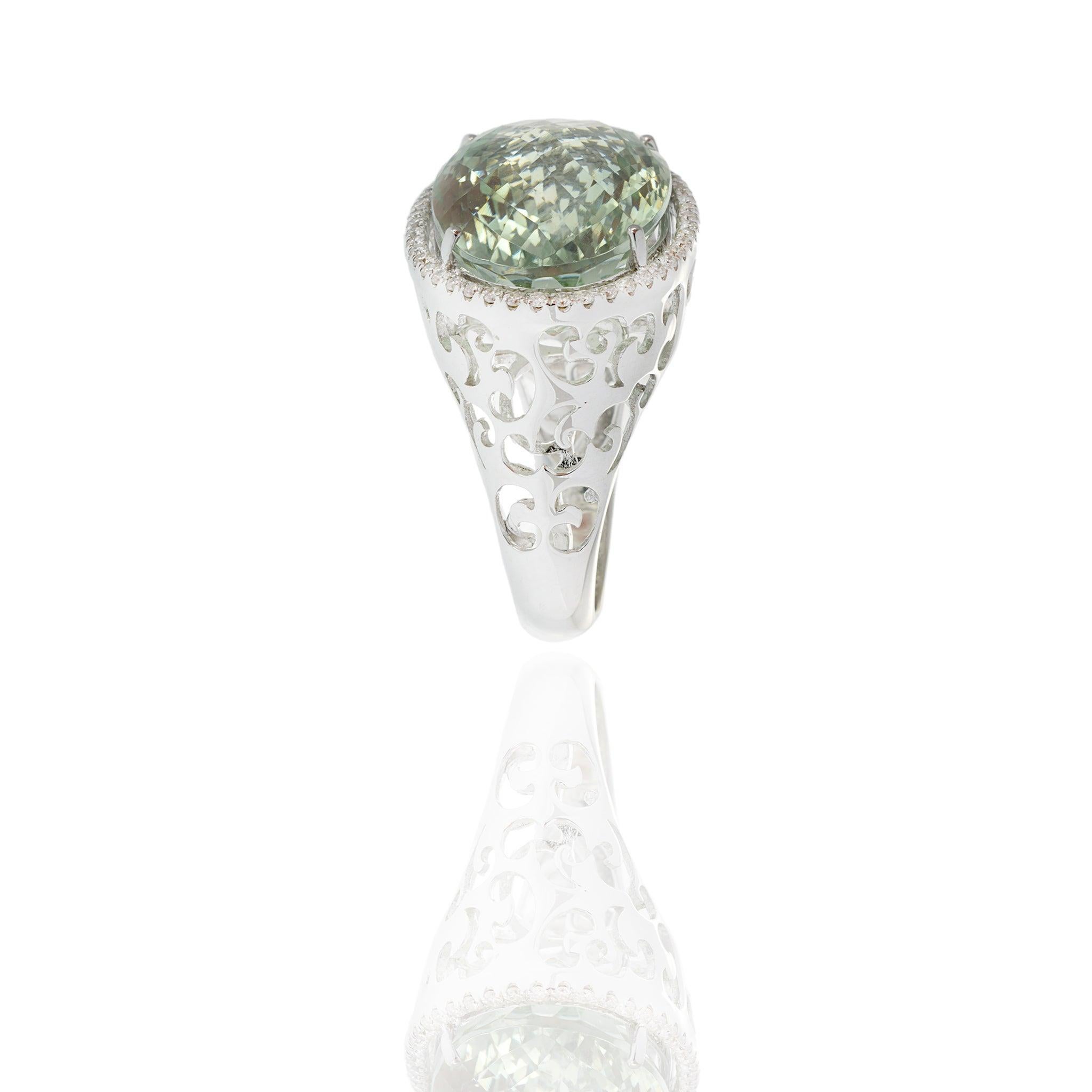 18KT White Gold Green Amethyst and Diamond Ring For Sale 3