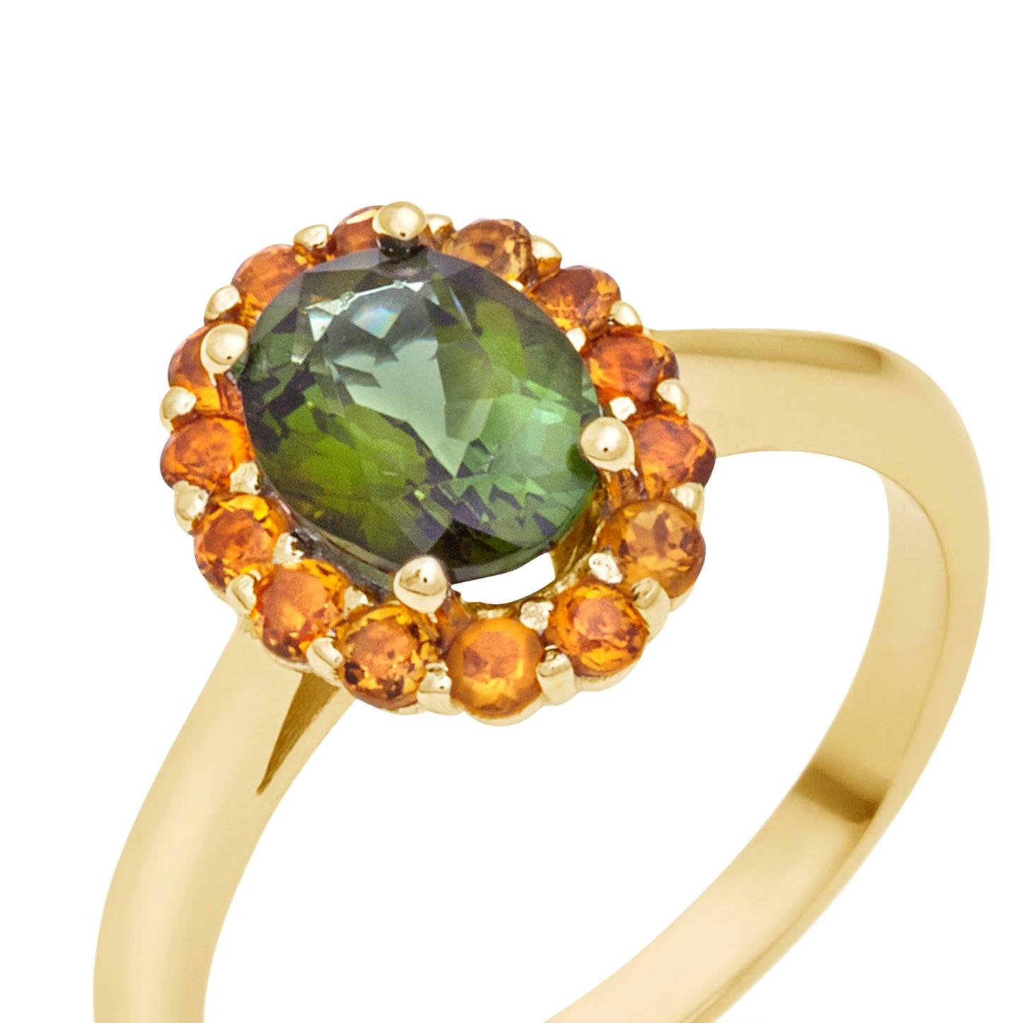 For Sale:  18kt Yellow Gold Green Oval Tourmaline & Citrine Protection Ring Cluster Modern 3