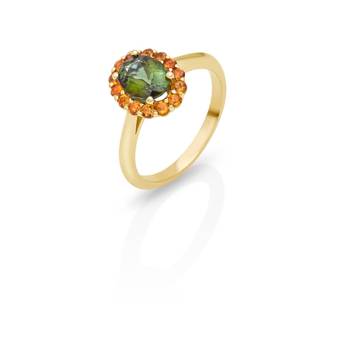 For Sale:  18kt Yellow Gold Green Oval Tourmaline & Citrine Protection Ring Cluster Modern 4