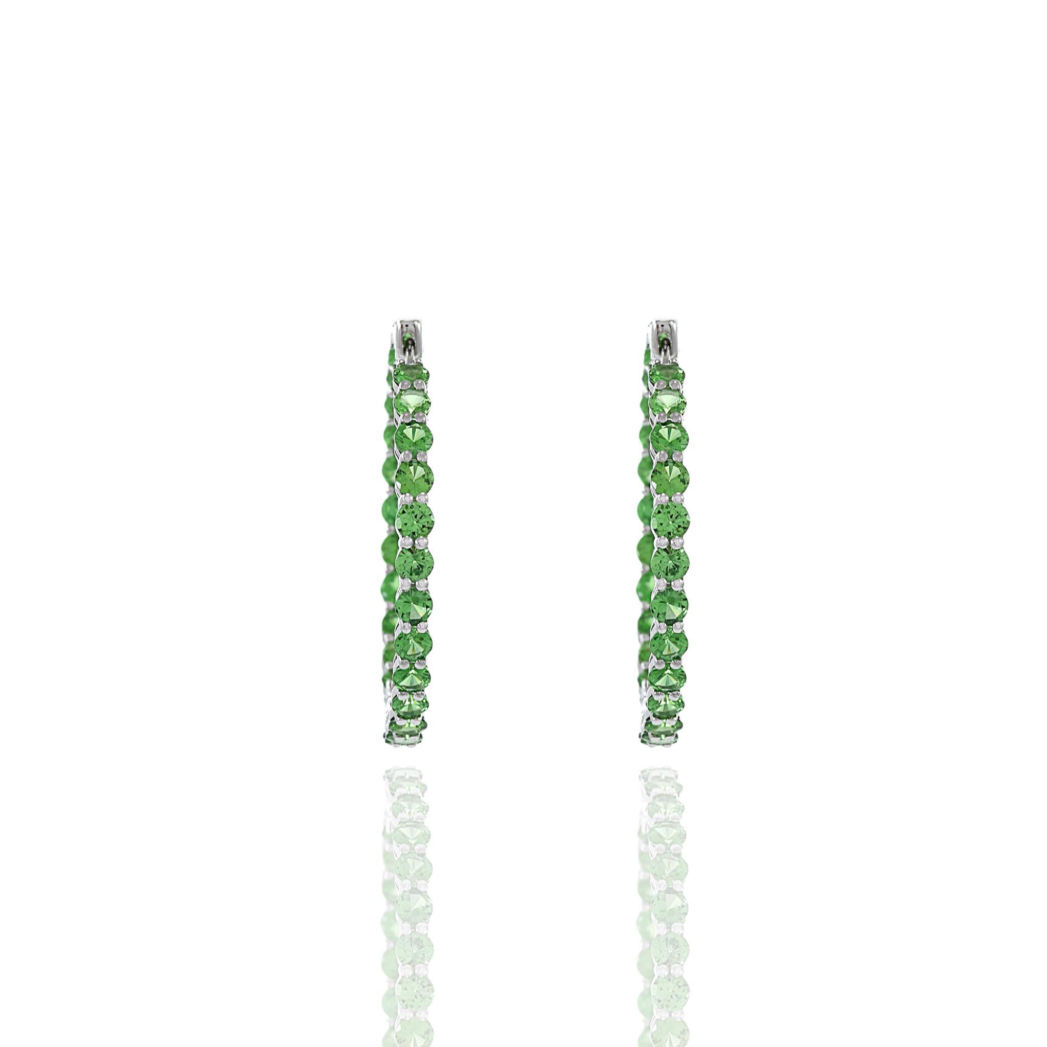 Modern 18KT White Gold Green Tsavorite Hoop Earrings For Sale