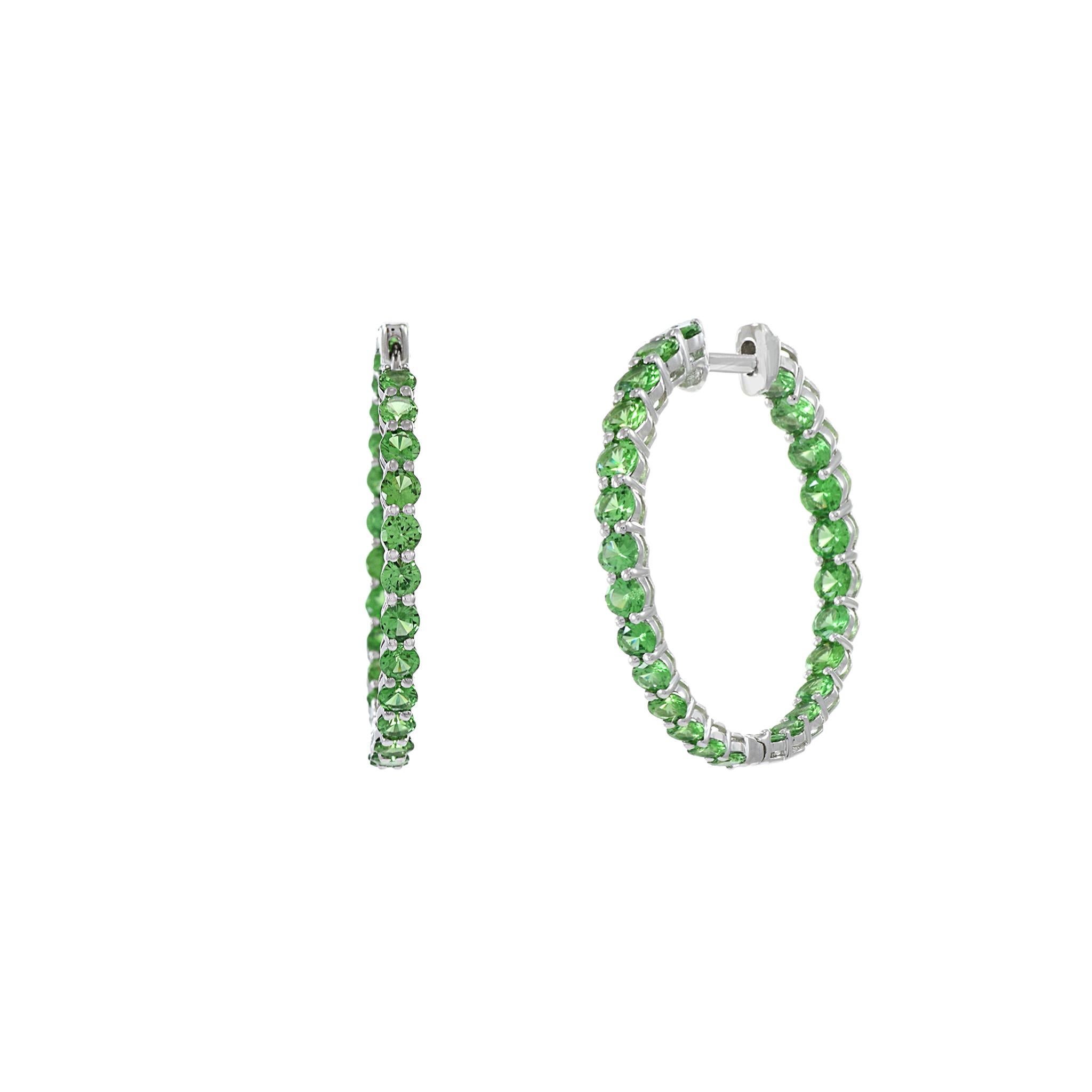 Round Cut 18KT White Gold Green Tsavorite Hoop Earrings For Sale