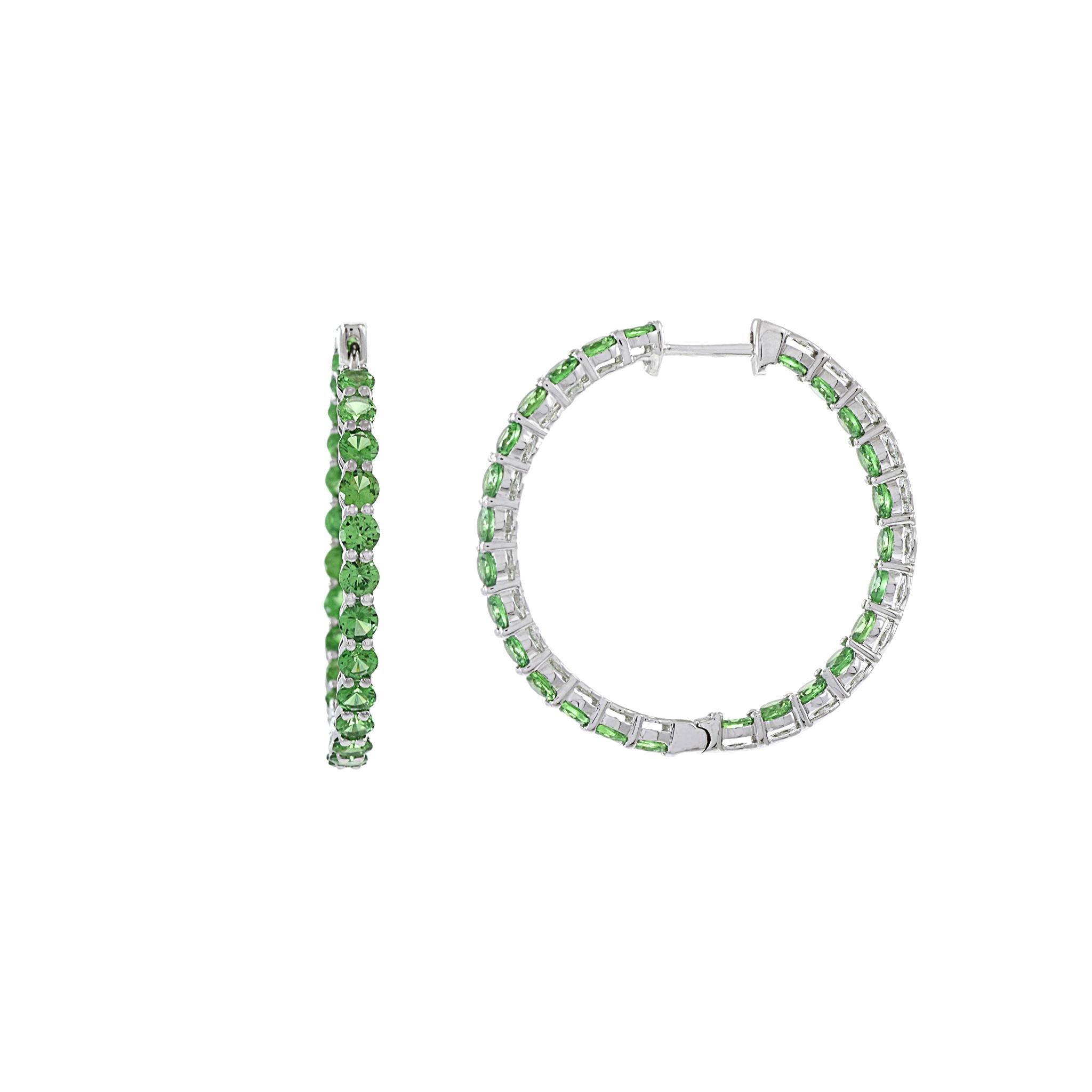 Women's or Men's 18KT White Gold Green Tsavorite Hoop Earrings For Sale