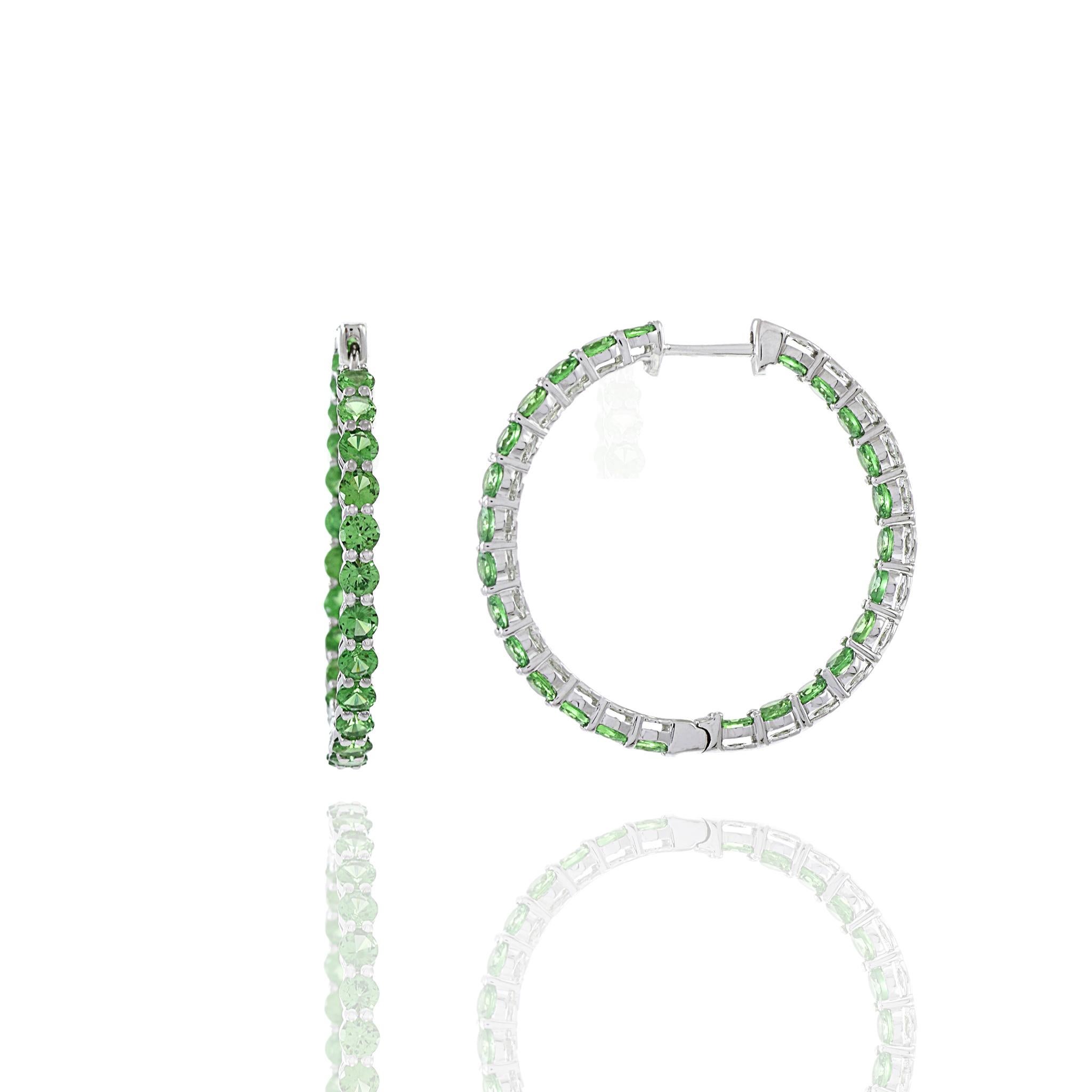 18KT White Gold Green Tsavorite Hoop Earrings For Sale 1
