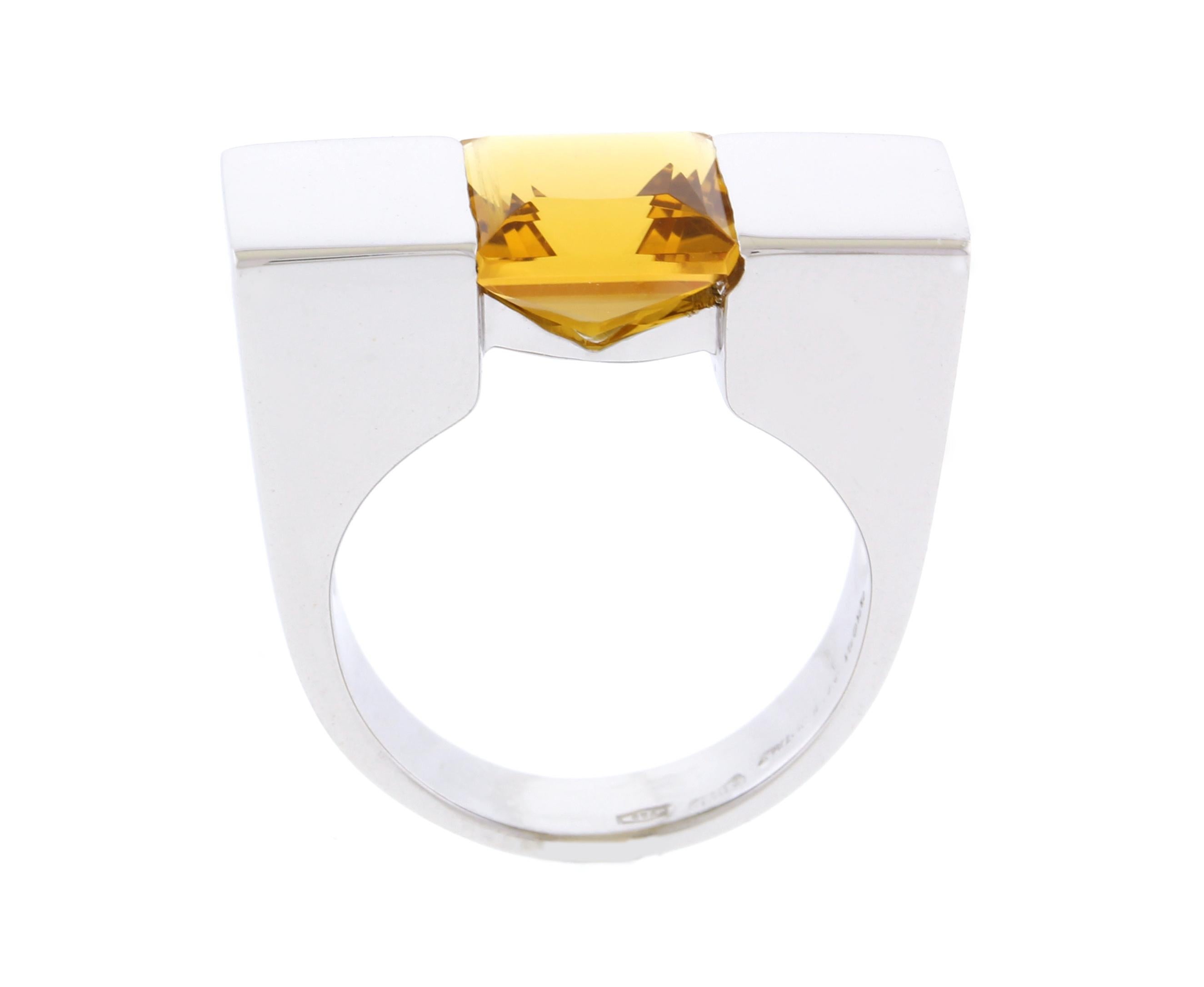 Square Cut 18kt White Gold Gucci Citrine RIng For Sale