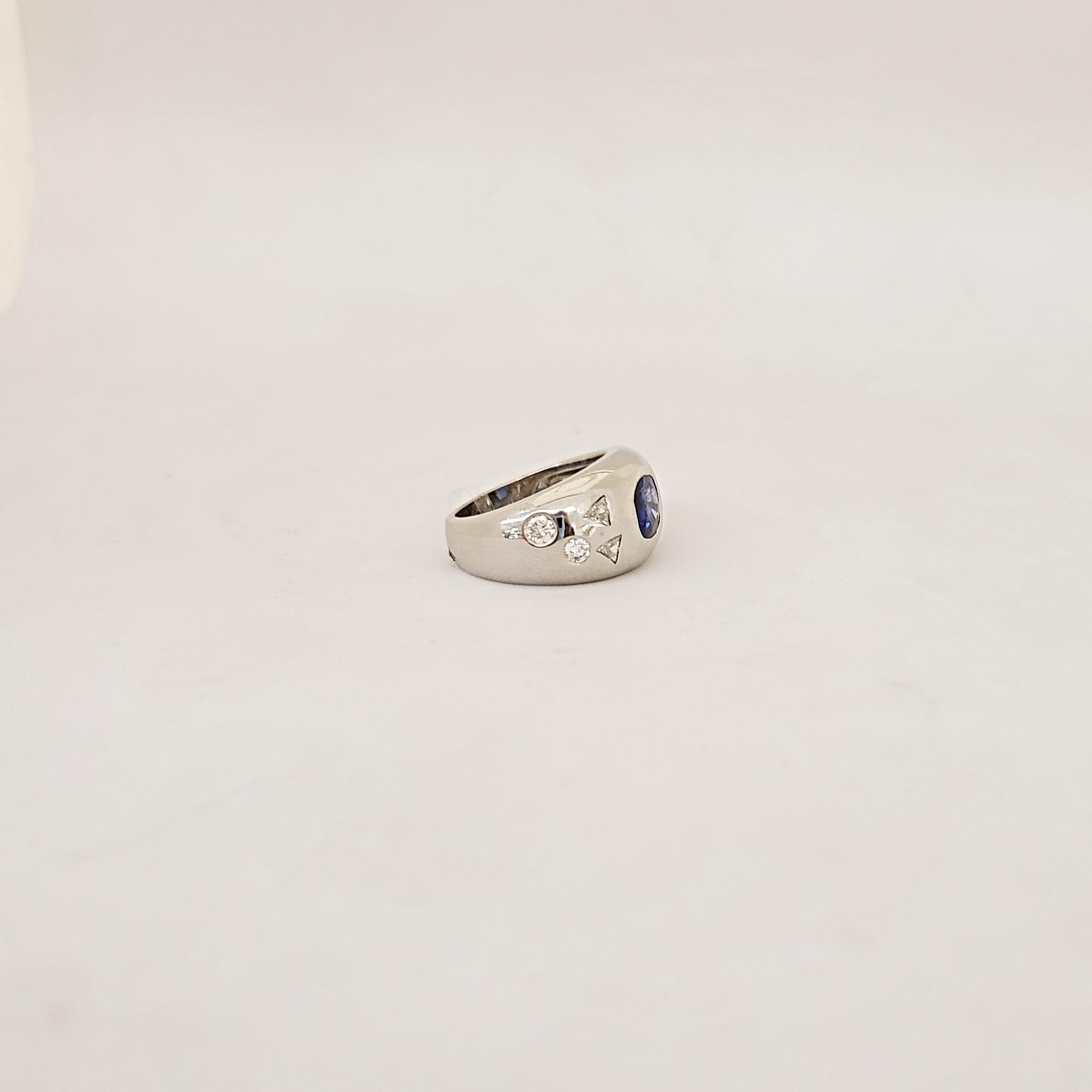 Antique Cushion Cut 18 Karat WG Gypsy Ring with 1.82 Carat Sapphire and Fancy Shaped Diamonds For Sale
