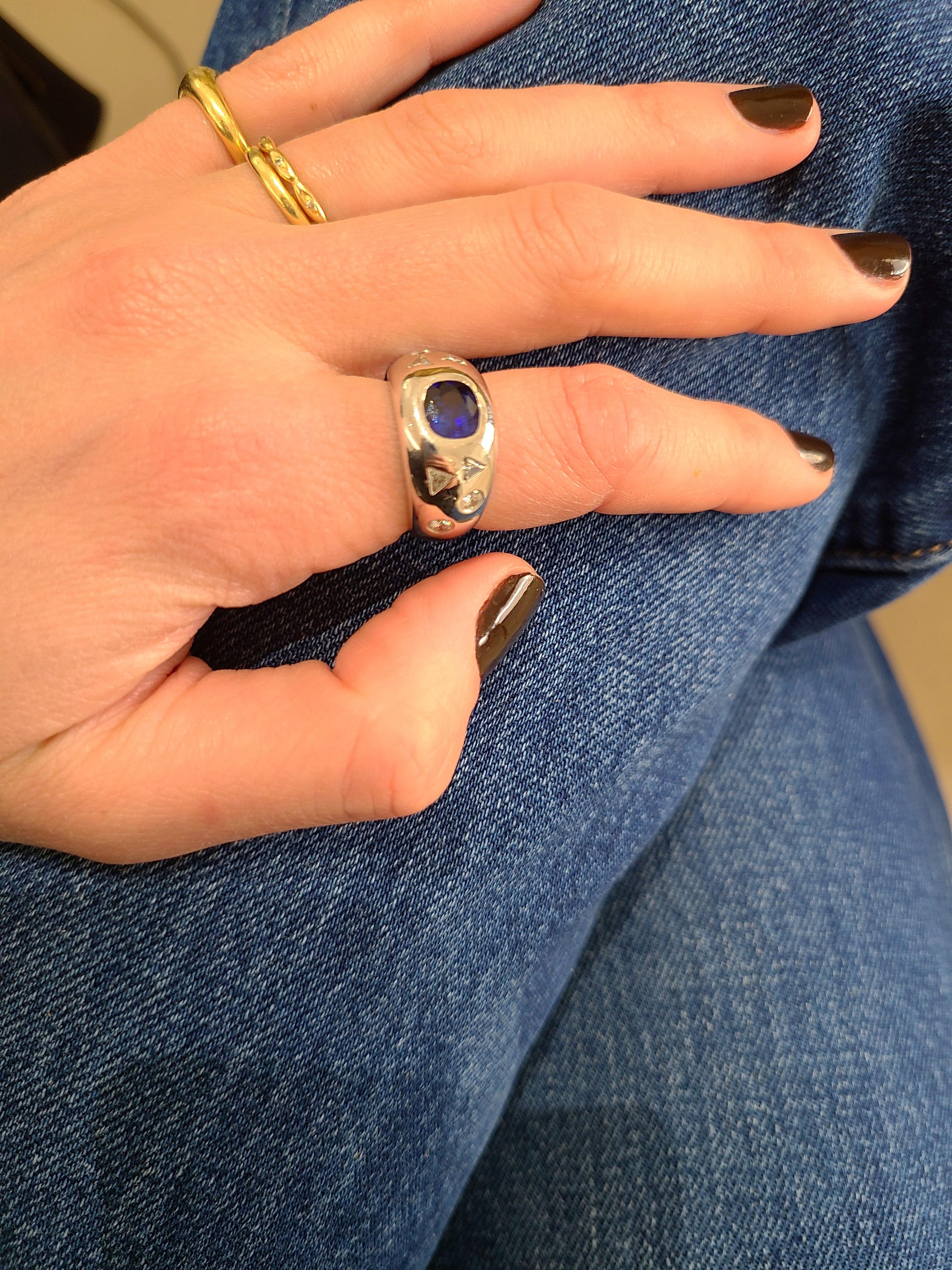 Women's or Men's 18 Karat WG Gypsy Ring with 1.82 Carat Sapphire and Fancy Shaped Diamonds For Sale