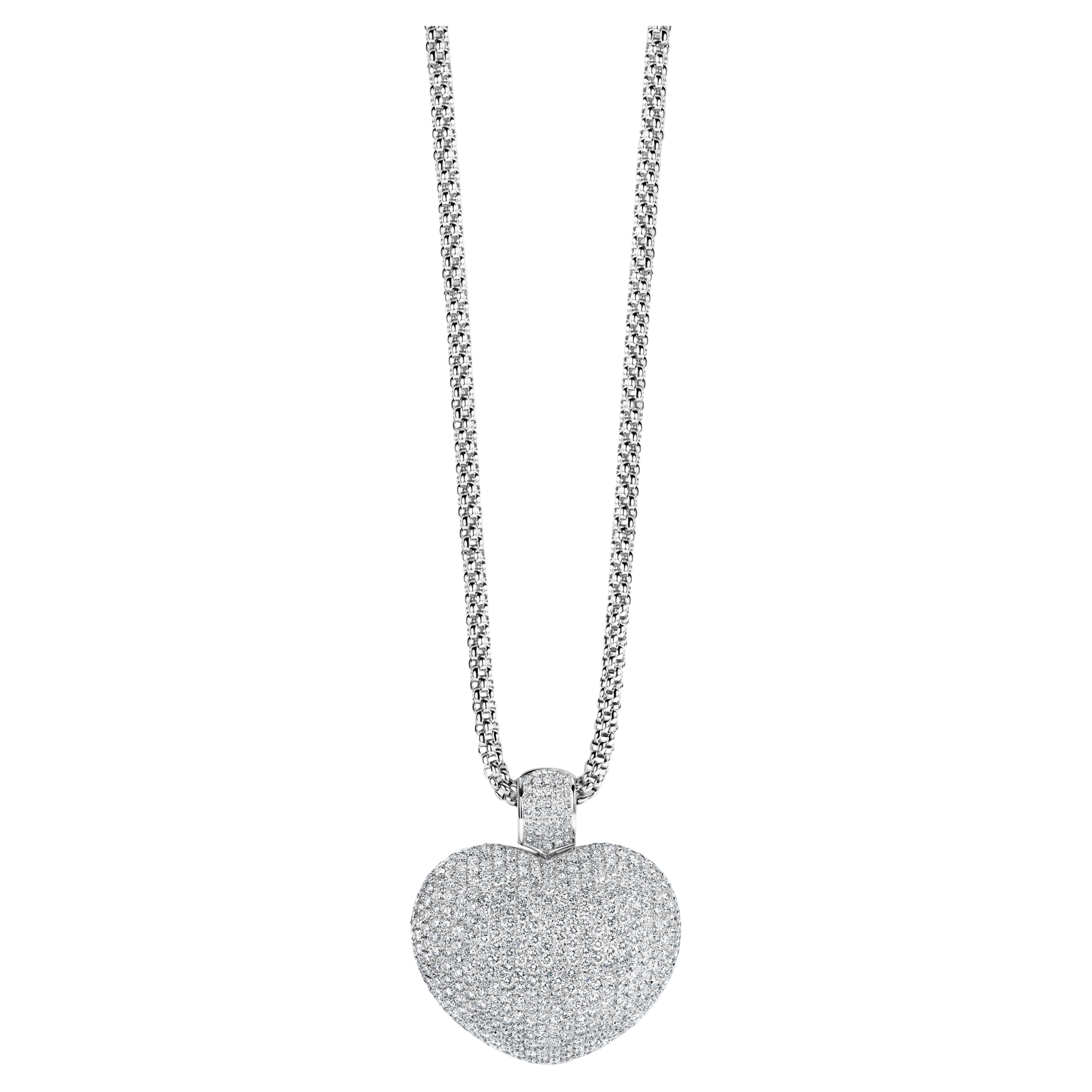 Artisan 18kt White Gold Heart Pendant With 17 ct. Diamonds With 18kt White Gold Necklace For Sale