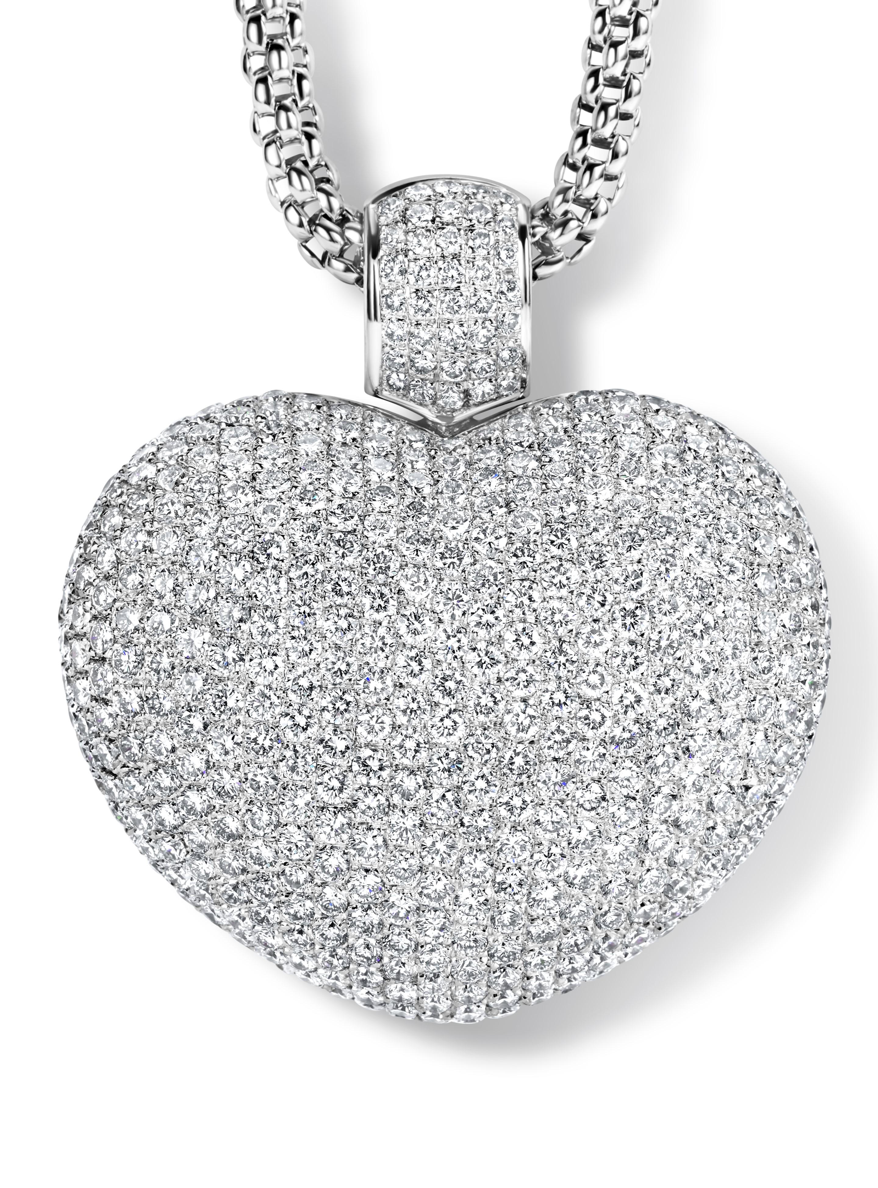 Brilliant Cut 18kt White Gold Heart Pendant With 17 ct. Diamonds With 18kt White Gold Necklace For Sale