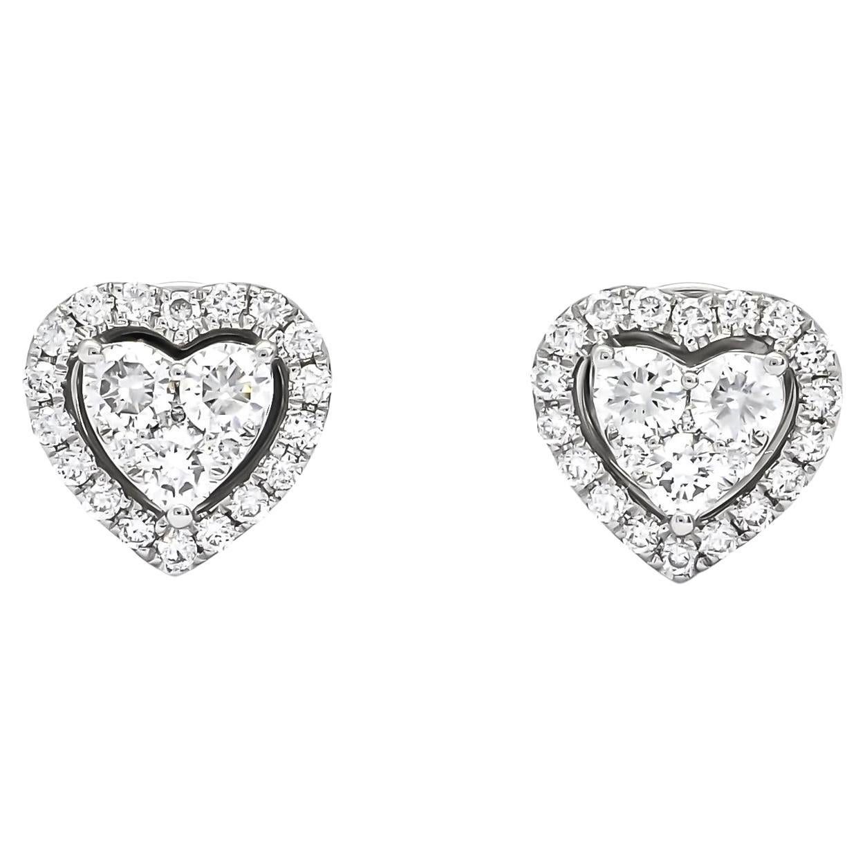 18KT White Gold Heart Shape Cluster Halo Stud Earrings For Sale