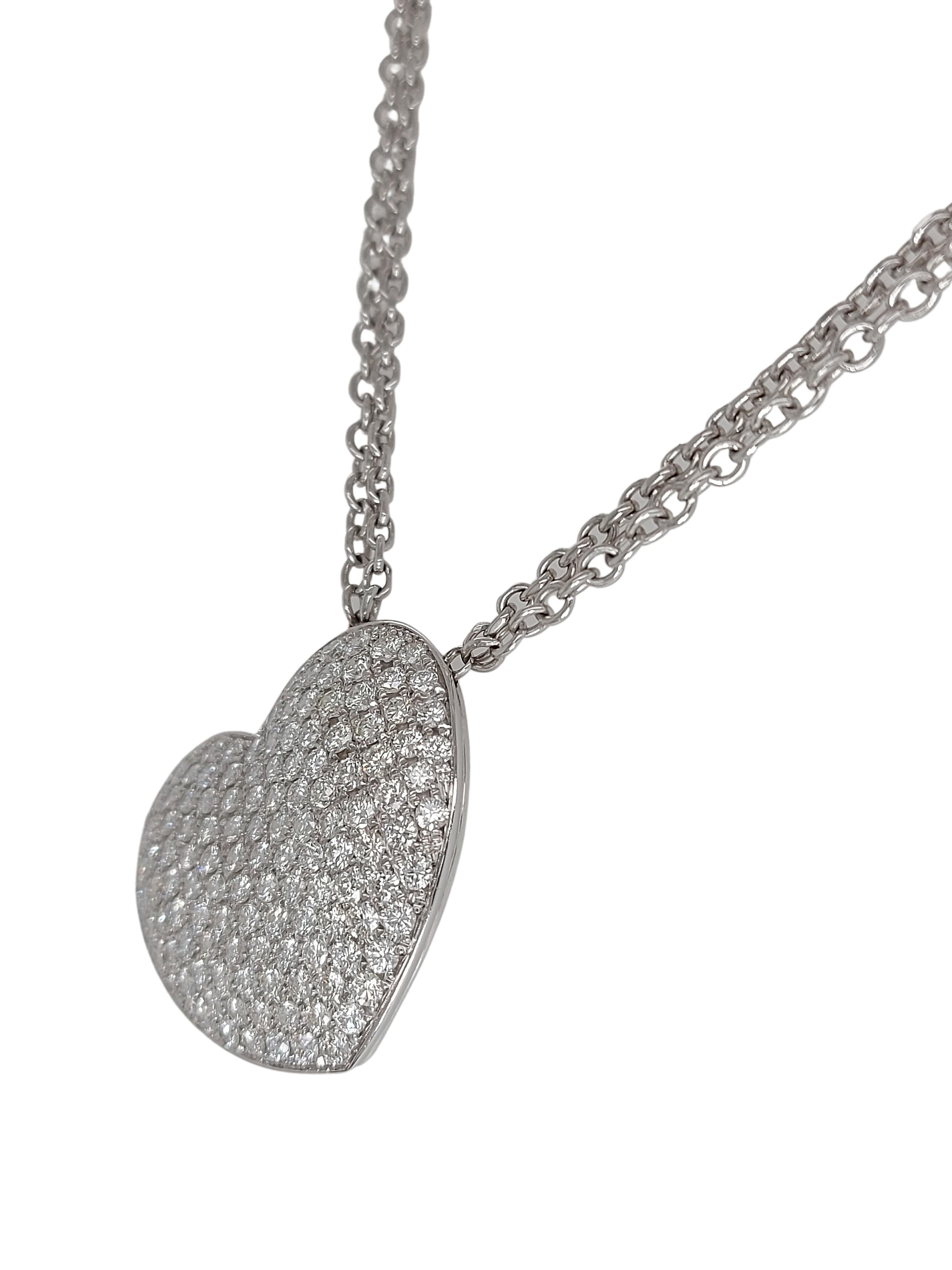 Modern 18kt White Gold Heart Shape Necklace with 4.96 Ct.Brilliant Cut Diamonds Pavé