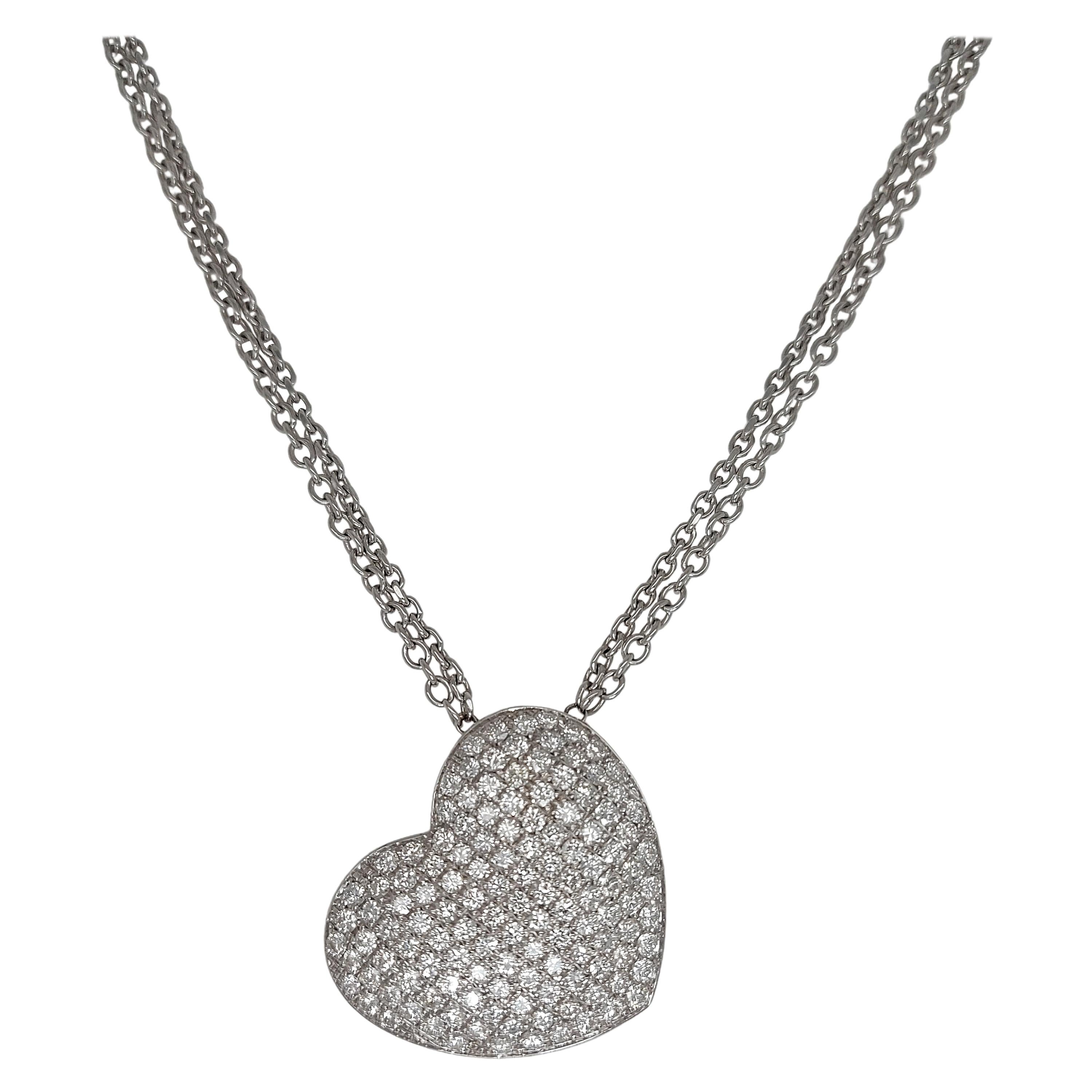 18kt White Gold Heart Shape Necklace with 4.96 Ct.Brilliant Cut Diamonds Pavé