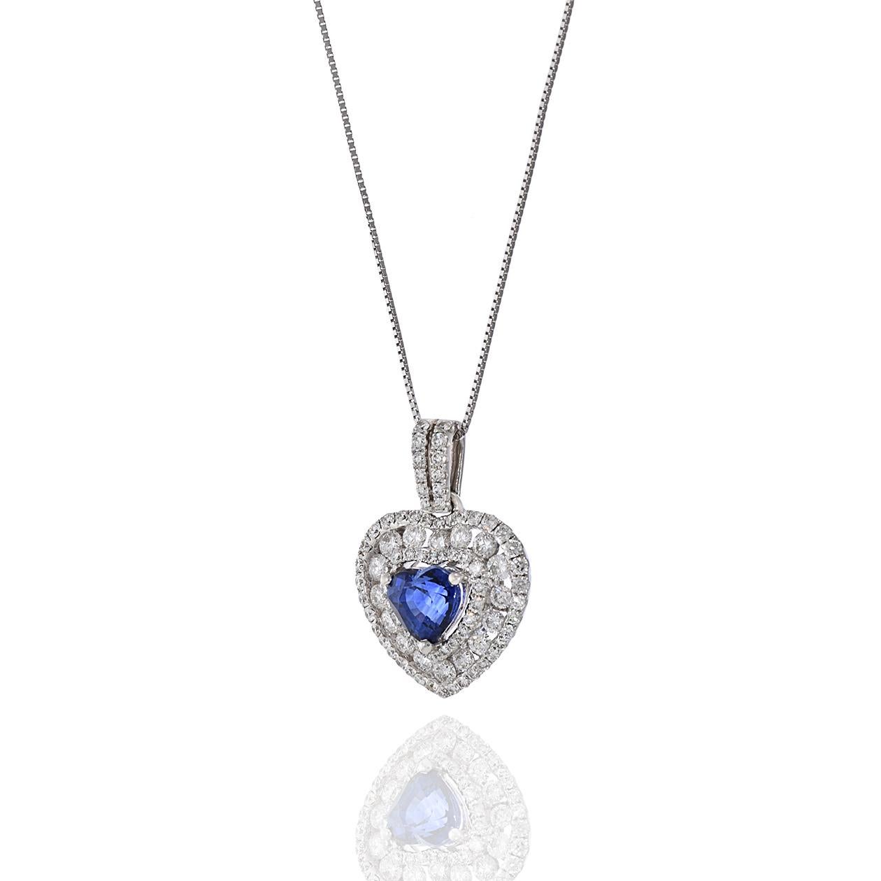 Heart Cut 18KT White Gold Heart Shaped Blue Sapphire and Diamond Pendant For Sale