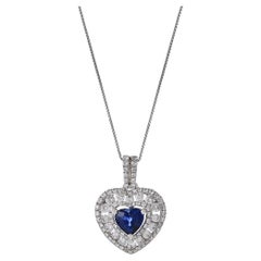 18KT White Gold Heart Shaped Blue Sapphire and Diamond Pendant