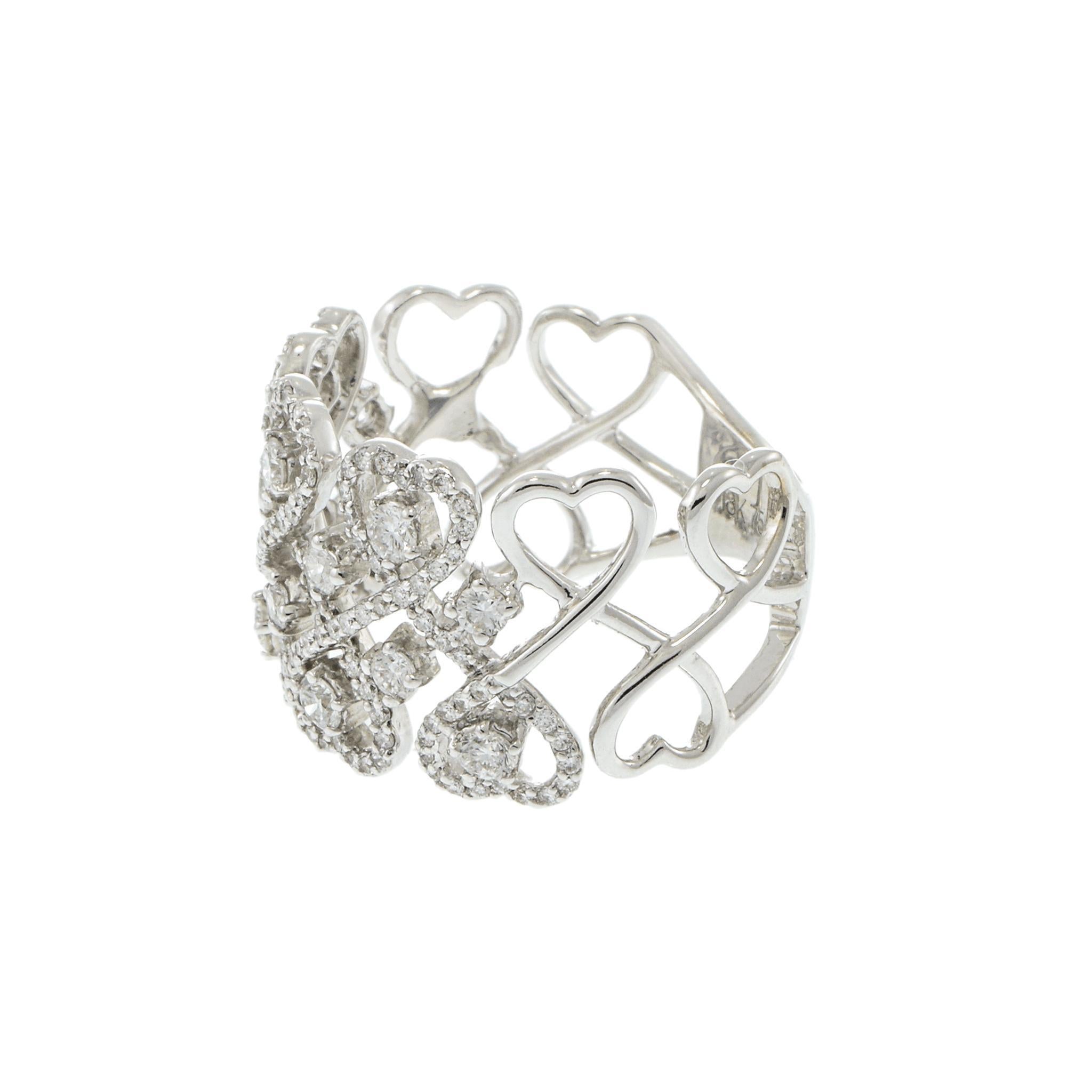 Round Cut 18KT White Gold Hearts Shaped Wide Diamond Band For Sale