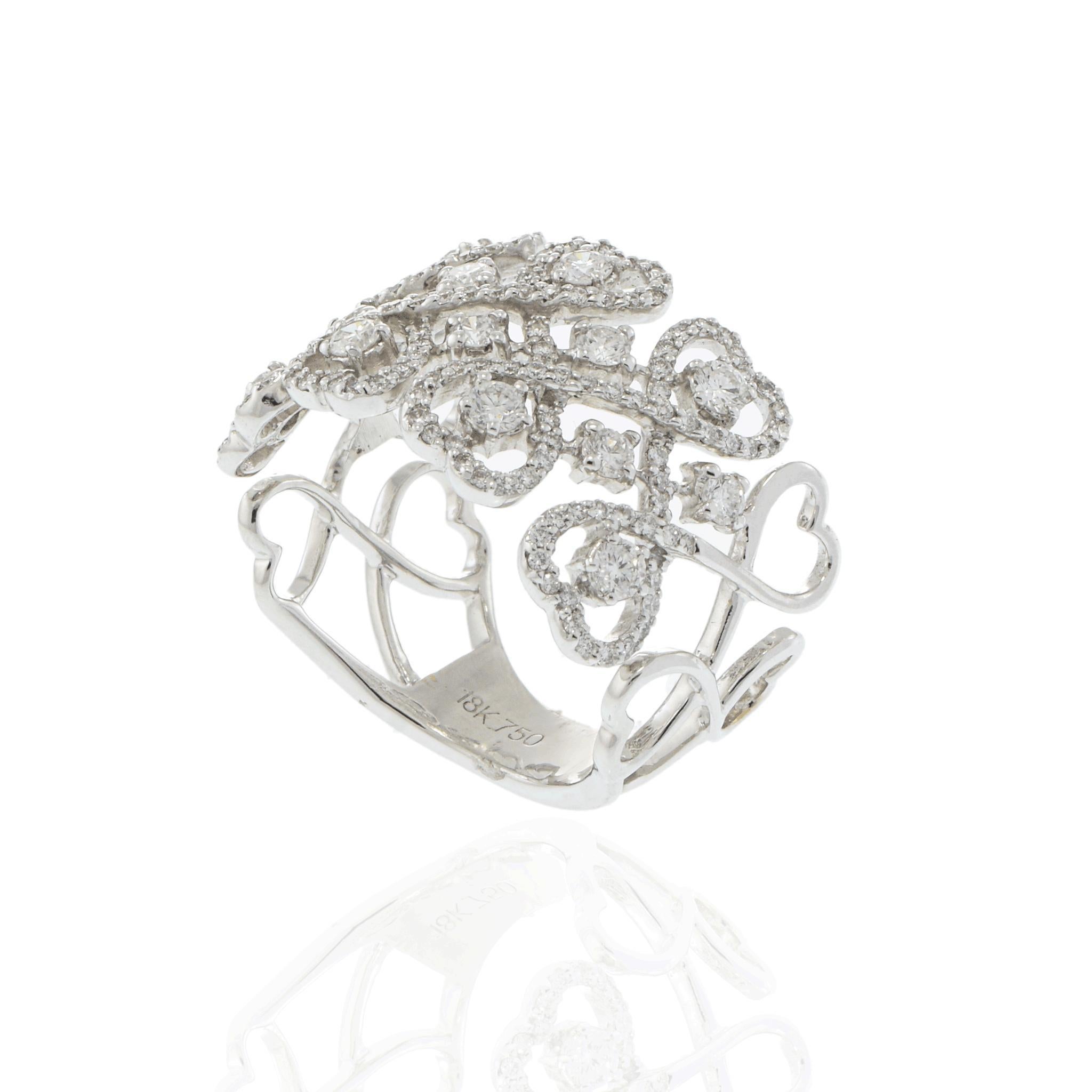 Women's 18KT White Gold Hearts Shaped Wide Diamond Band For Sale