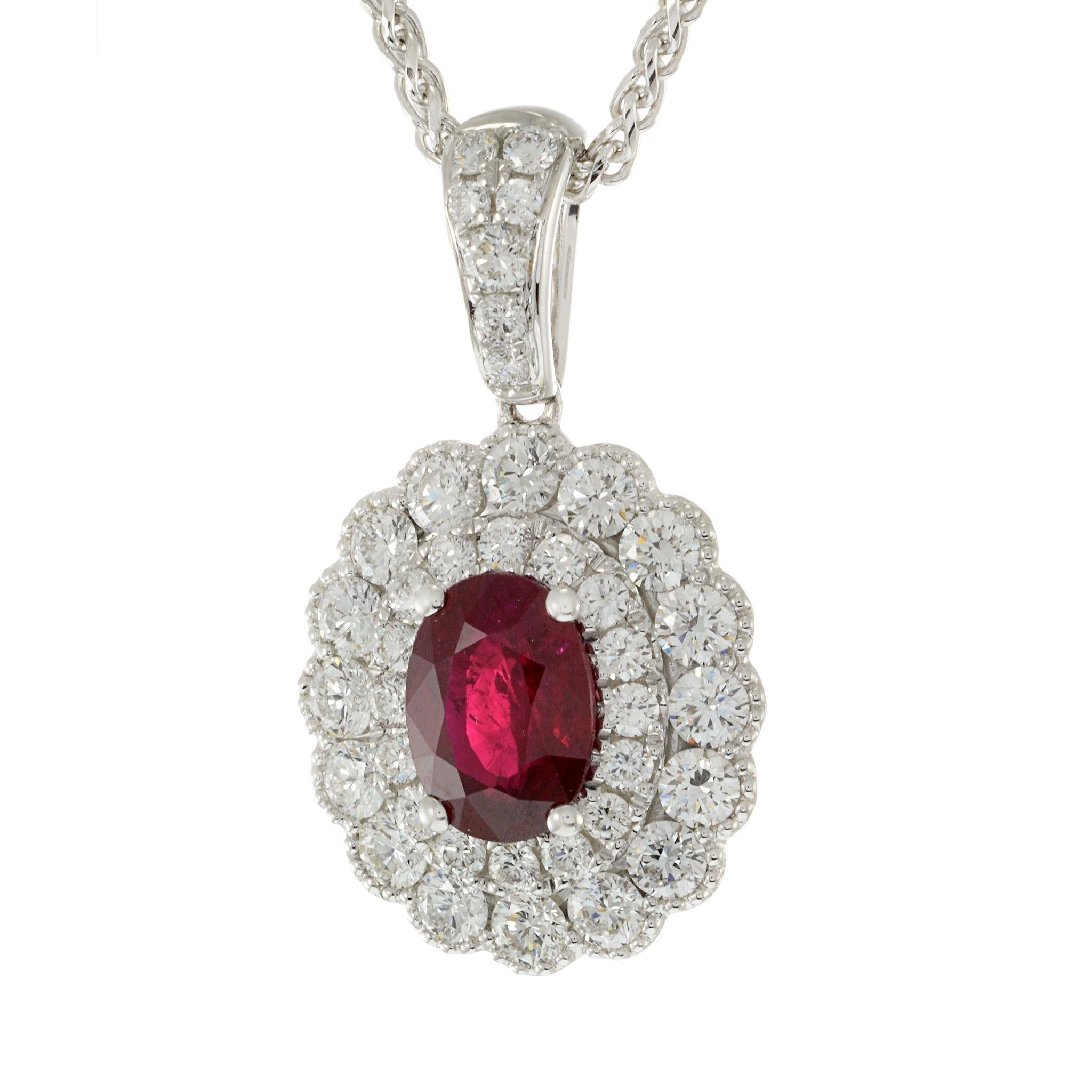 Modern 18KT White Gold IGI Certified Ruby and Diamond Pendant with Chain For Sale