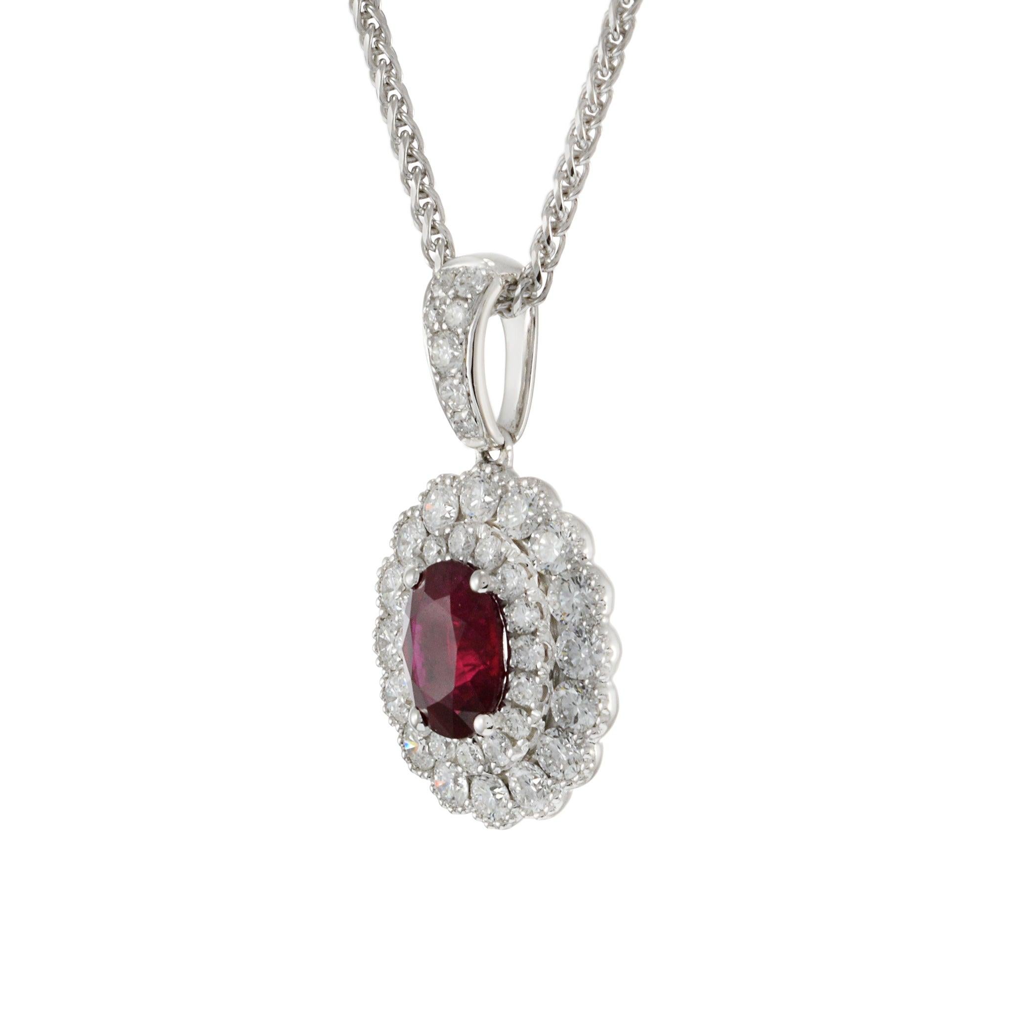 Oval Cut 18KT White Gold IGI Certified Ruby and Diamond Pendant with Chain For Sale