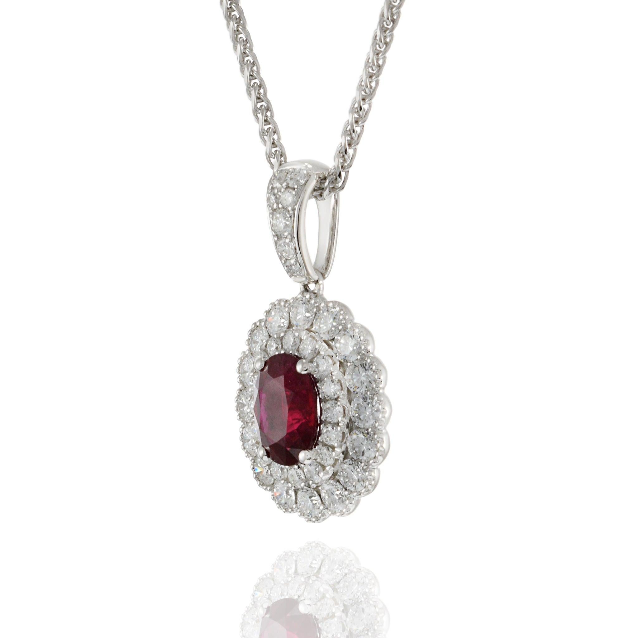 18KT White Gold IGI Certified Ruby and Diamond Pendant with Chain In New Condition For Sale In New York, NY
