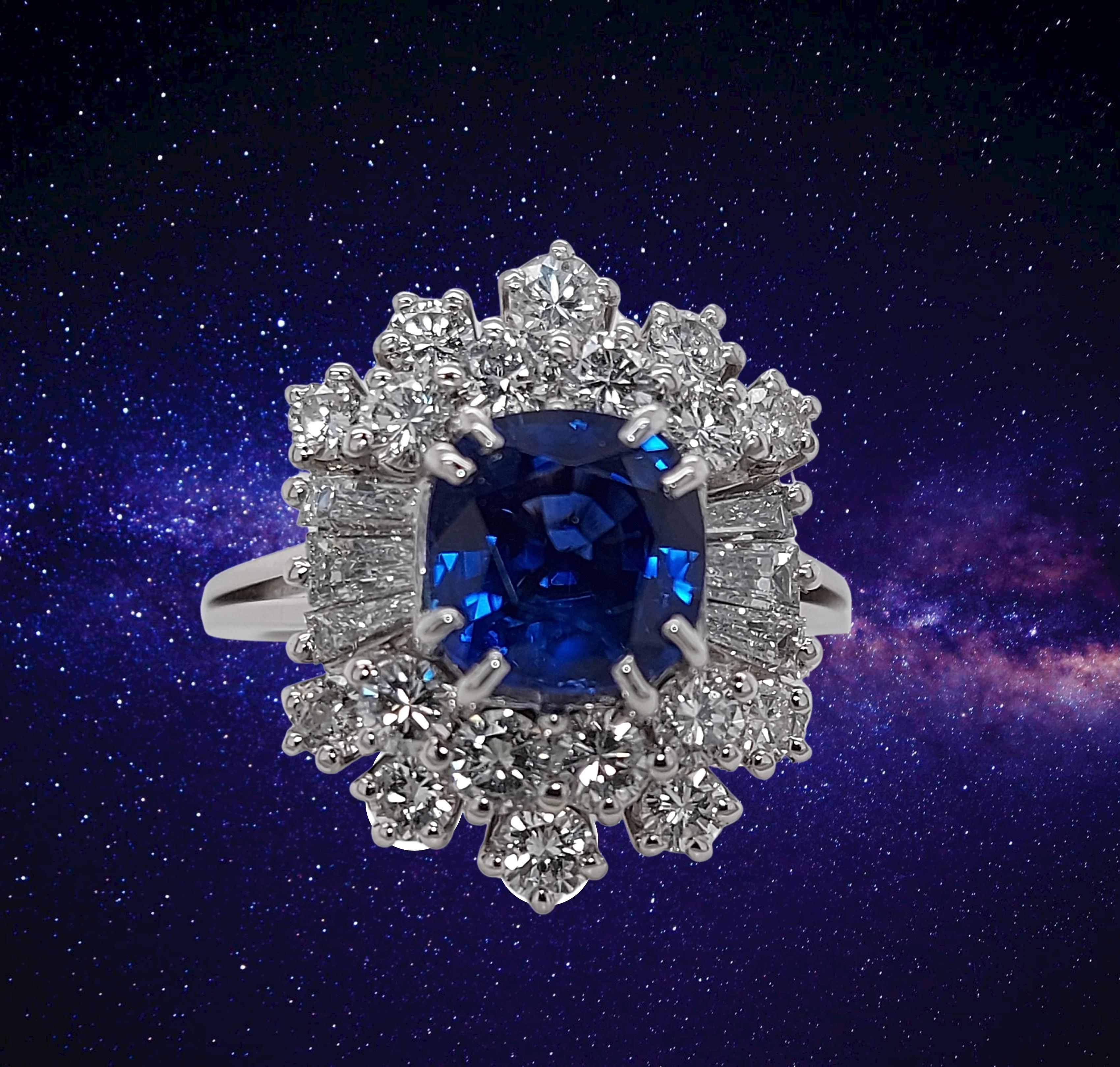 18kt White Gold Intense Blue NH Sapphire Ring, Baguette & Brilliant Cut Diamonds For Sale 8