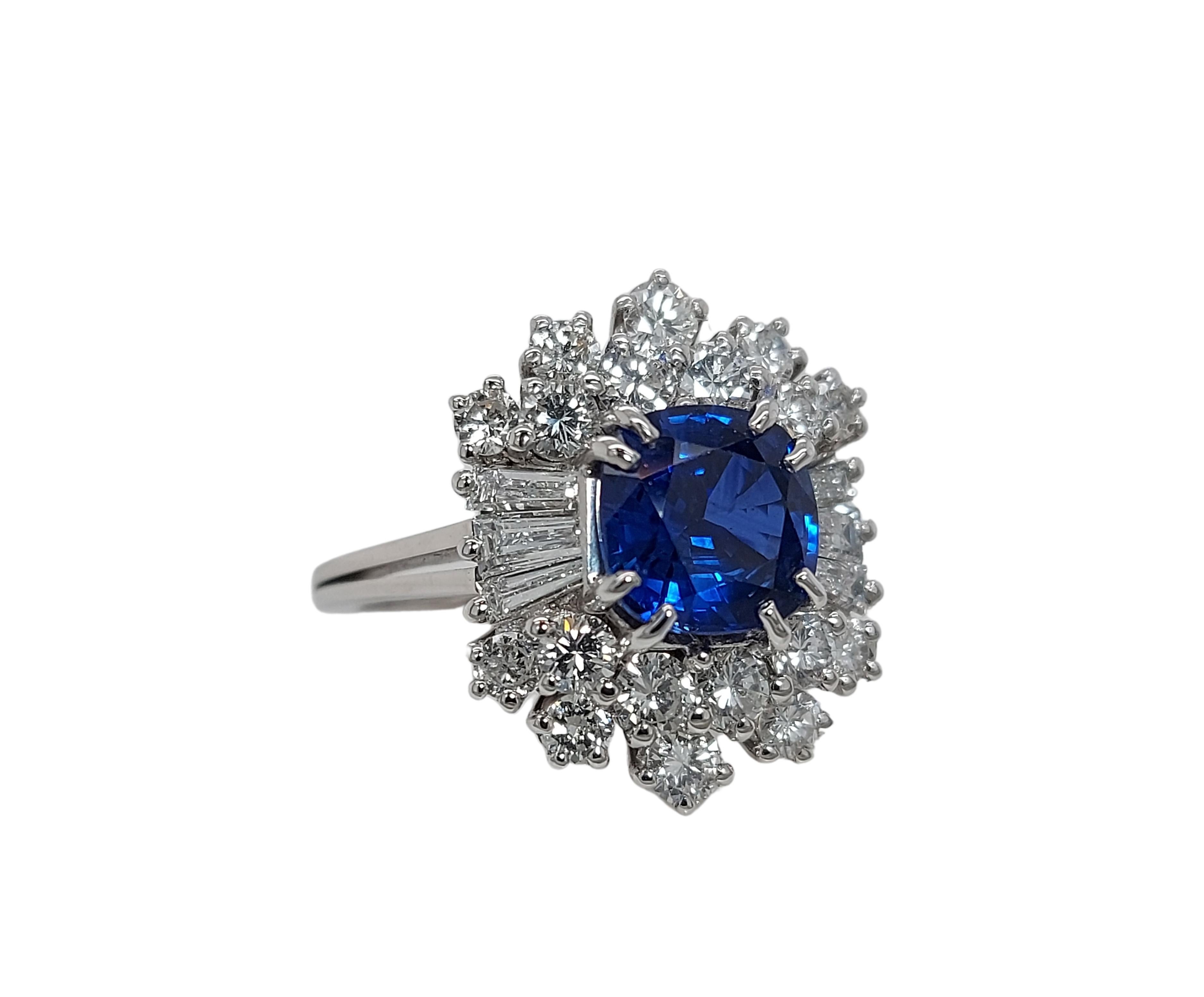 Artisan 18kt White Gold Intense Blue NH Sapphire Ring, Baguette & Brilliant Cut Diamonds For Sale
