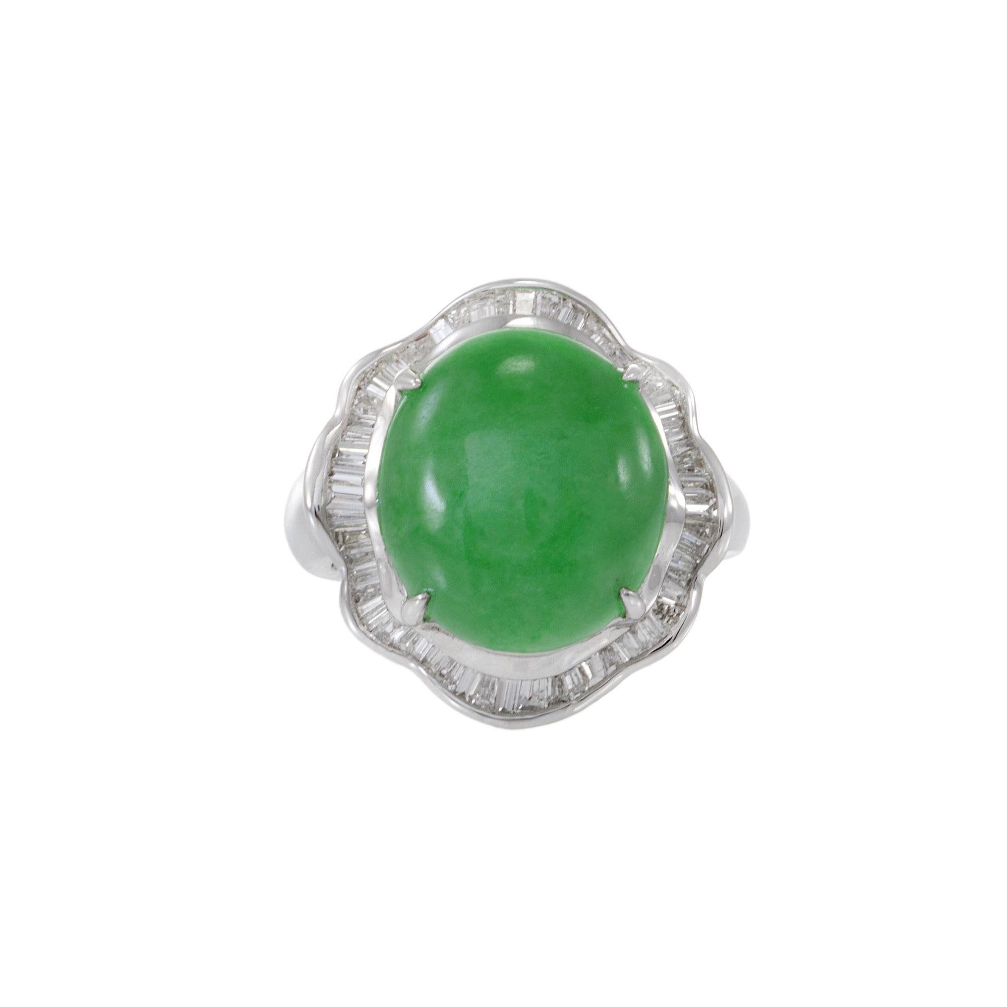 Elevate your style with our 18KT White Gold Jade and Diamond Cocktail Ring. Featuring a genuine green jade center, encircled by 1.50ct-tw baguette-cut diamonds, this ring is a harmonious blend of luxury and sophistication. Make a distinctive