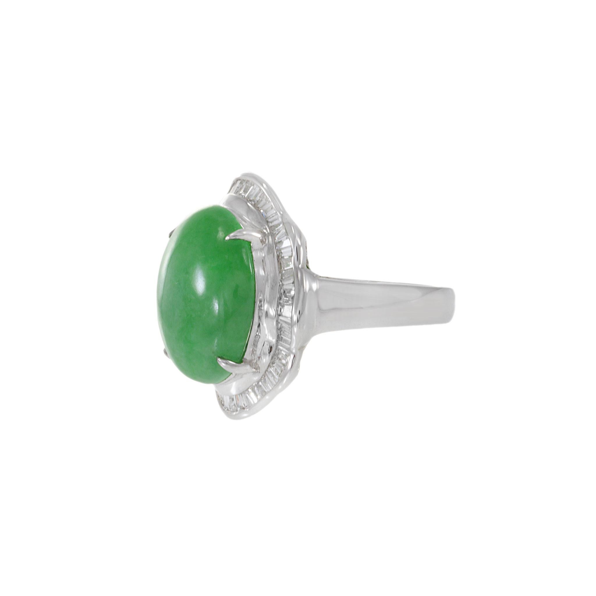 Cabochon 18KT White Gold Jade and Diamond Ring For Sale