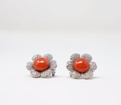 18kt White Gold, Japanese Coral and 2 Ct Diamonds Fine Clip-on Earrings