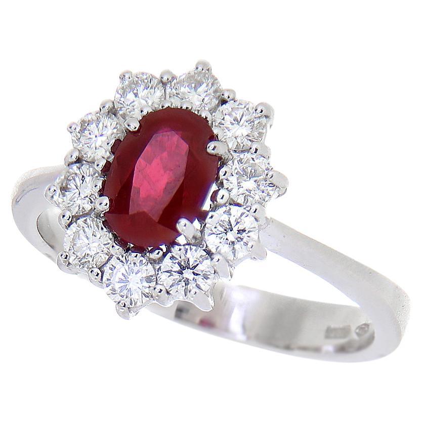 18 Karat White Gold "Kate" Ring 1.16 Carat Oval Cut Ruby 0.67 White Diamonds