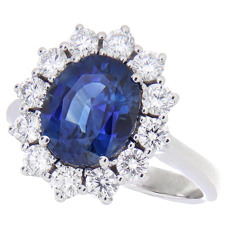 18kt White Gold Kate Ring Blue Oval Sapphire 3.52 Carat White Diamonds 0.88ct For Sale
