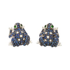 18kt White Gold Ladies Frog Earrings Paved in Blue Sapphires