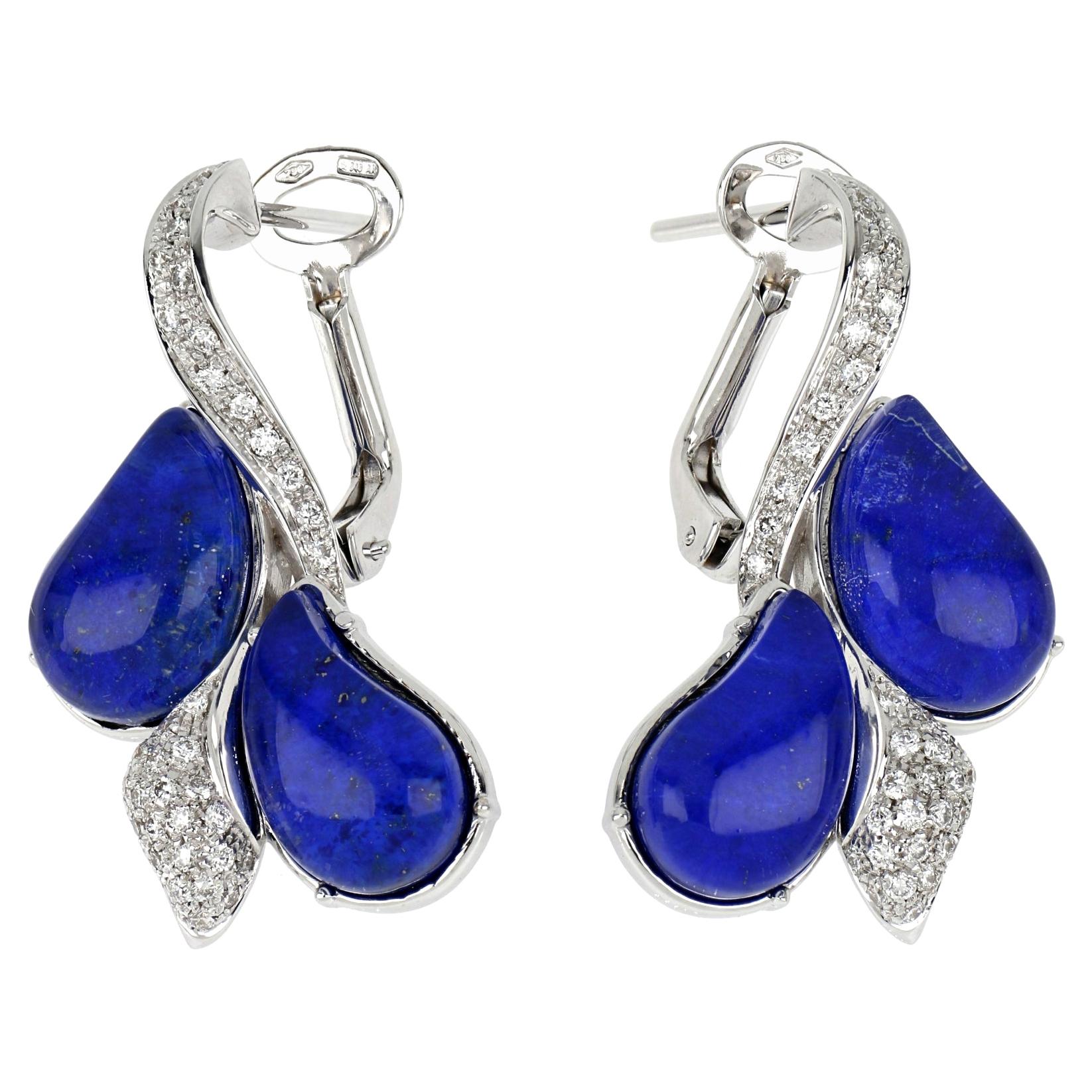 18kt White Gold Les Fleurs Earrings with Lapis Lazuli and Diamonds