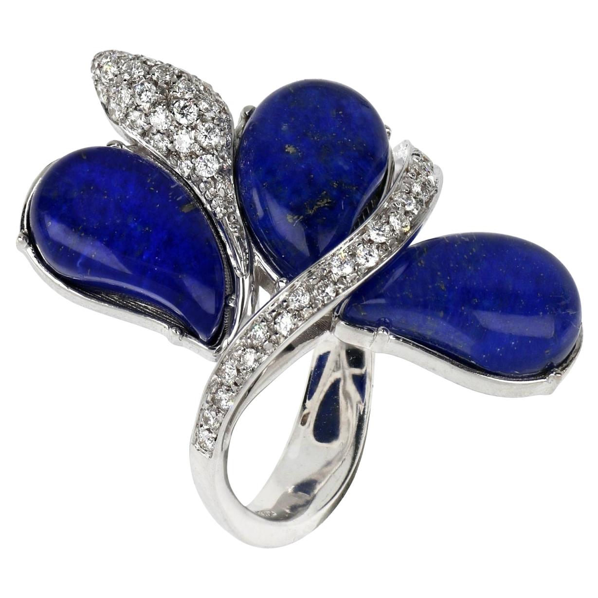 Bague Les Fleurs en or blanc 18 carats avec gouttes de lapis-lazuli bleu et diamants