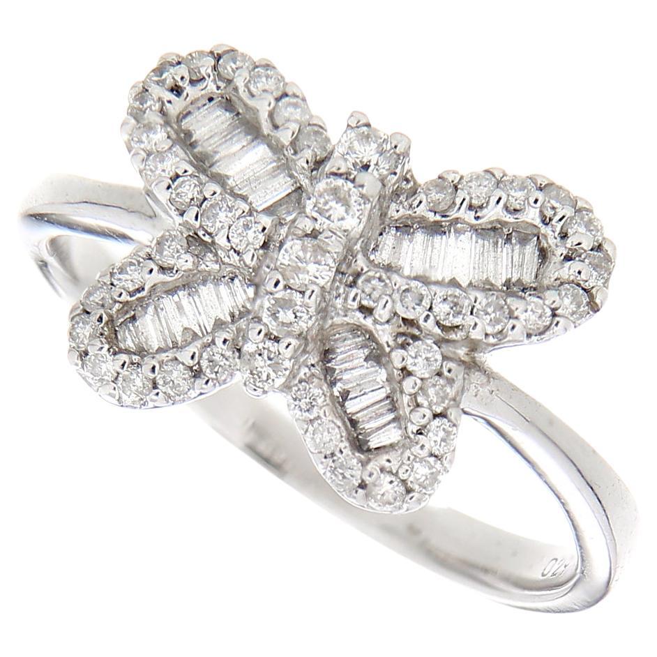 18Kt White Gold Little Butterfly Ring Baguette Brilliant White Diamonds 0.45 C For Sale