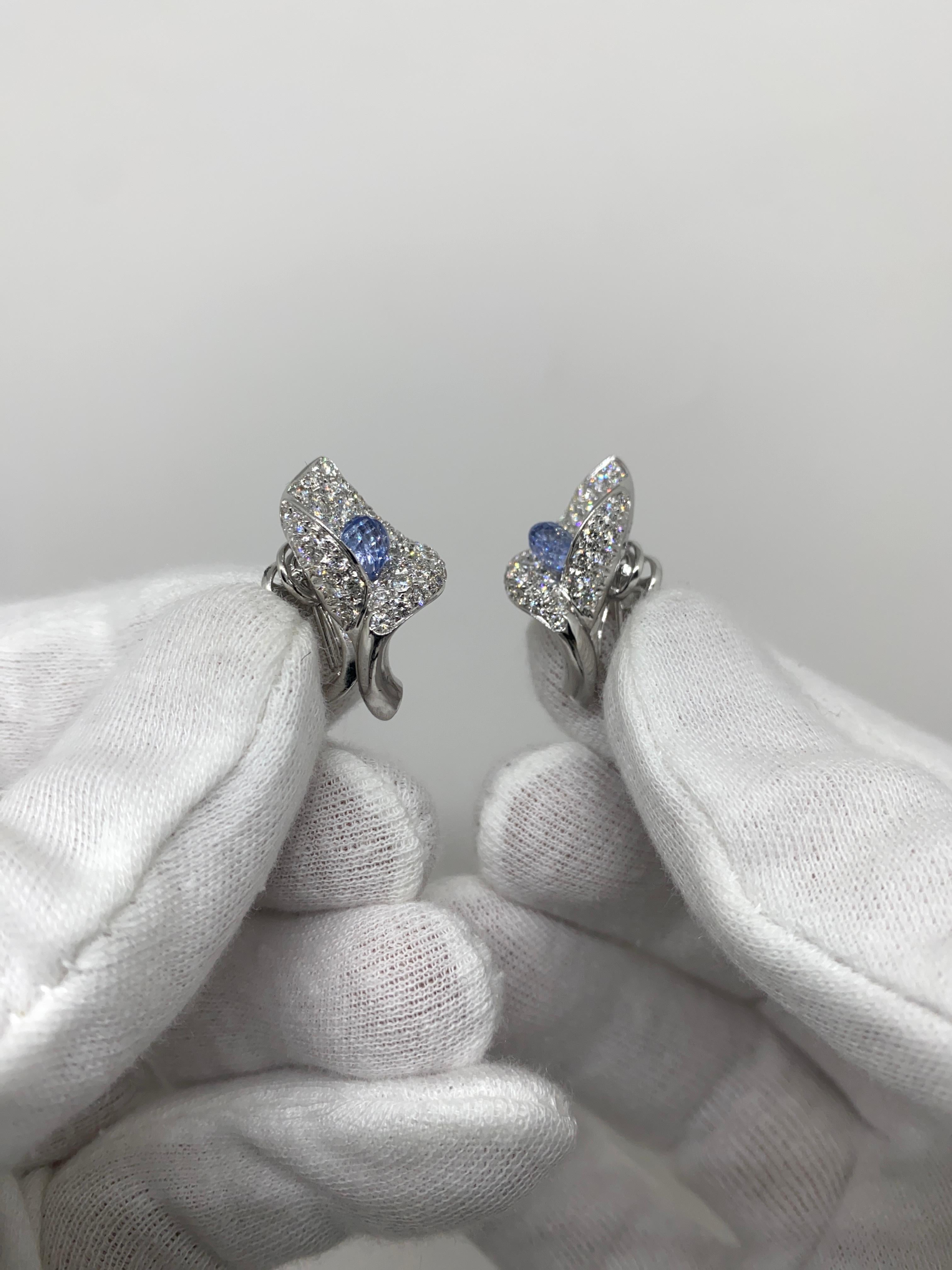 Women's 18 Karat White Gold Lobe Earrings 4.27 Ct Sapphires & 3.13 Ct White Diamonds For Sale