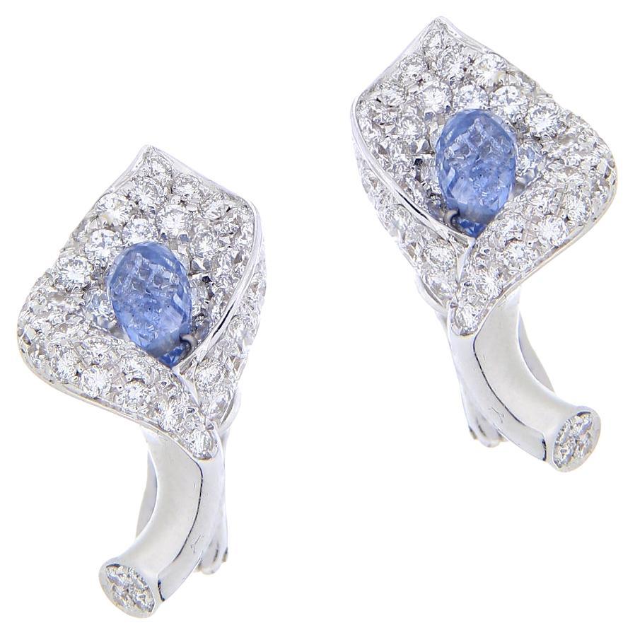 18 Karat White Gold Lobe Earrings 4.27 Ct Sapphires & 3.13 Ct White Diamonds For Sale