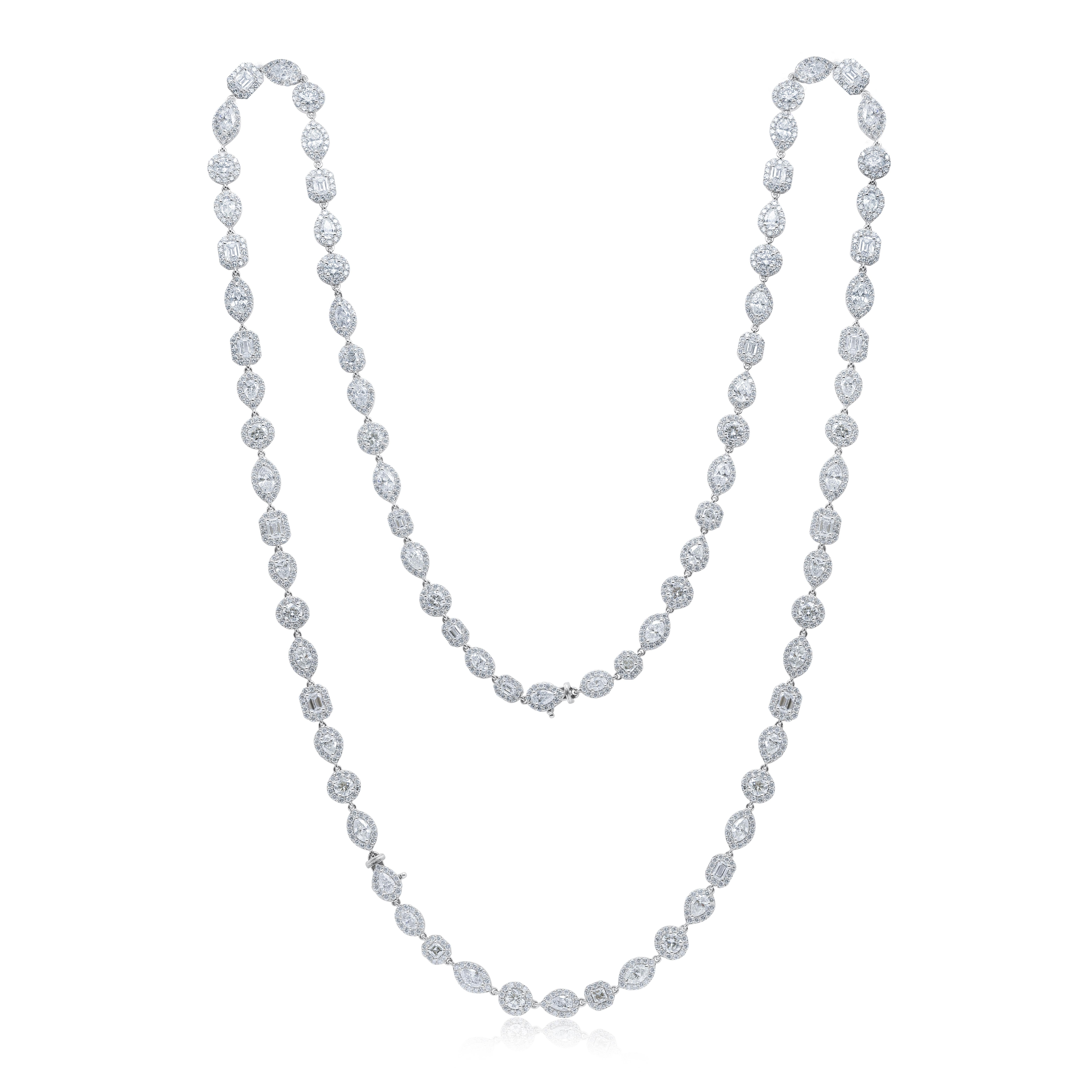 Modern 18kt White Gold Long Necklace Featuring 45.00 cts of marquise, asscher, oval For Sale
