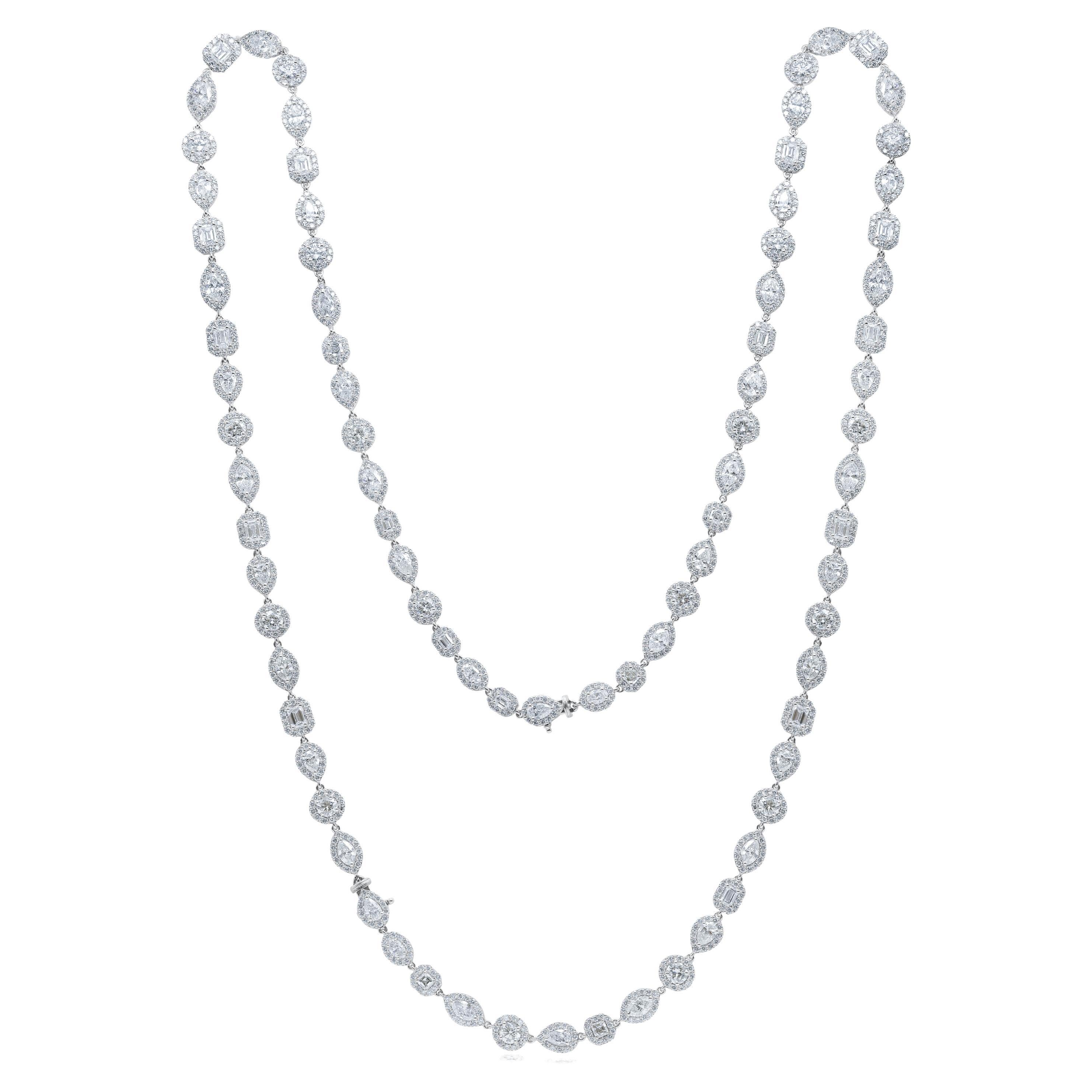 18kt White Gold Long Necklace Featuring 45.00 cts of marquise, asscher, oval For Sale