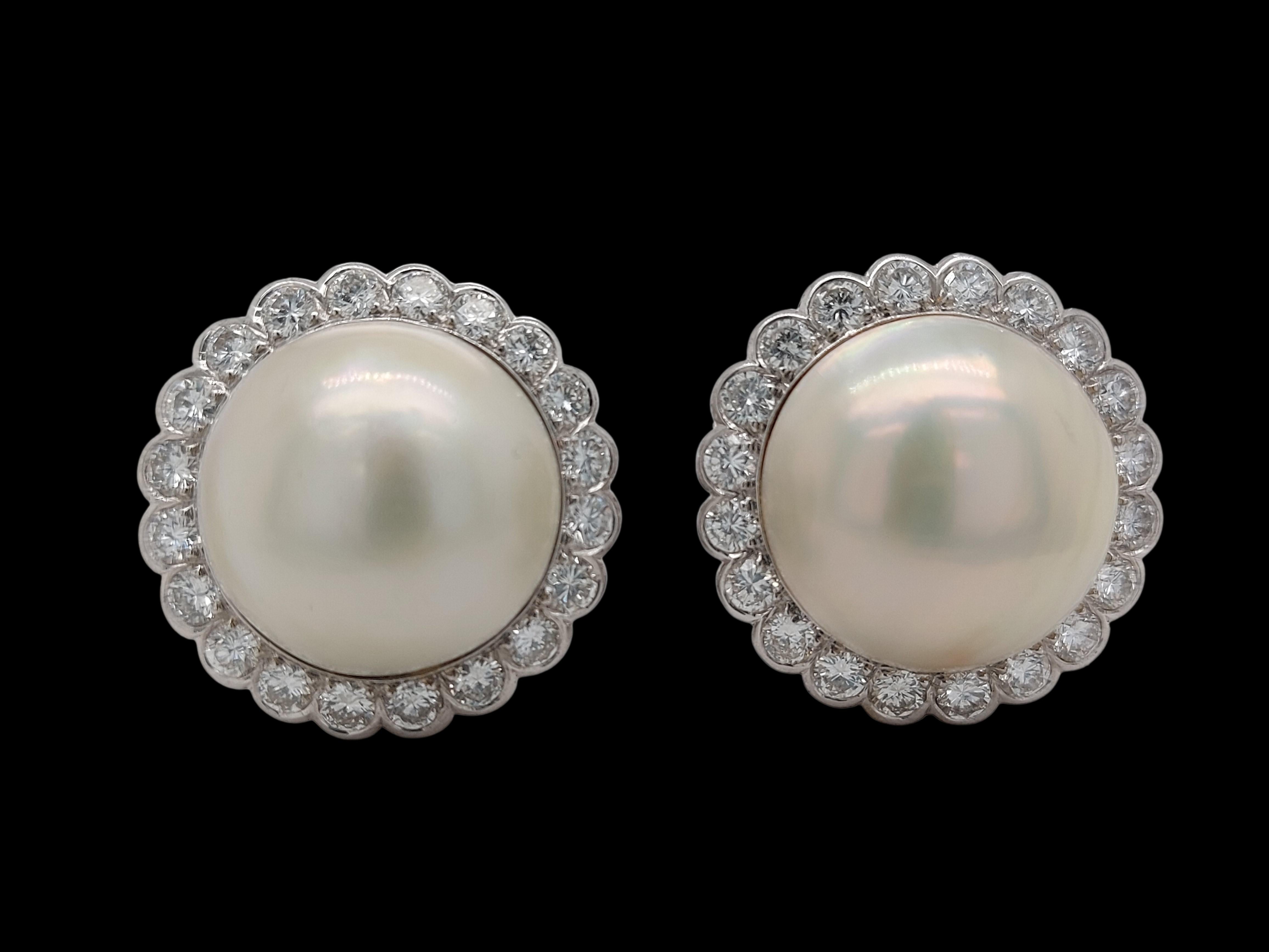 18kt White Gold Mabe Pearl Clip-On Earrings Surrounded with Diamonds For Sale 8