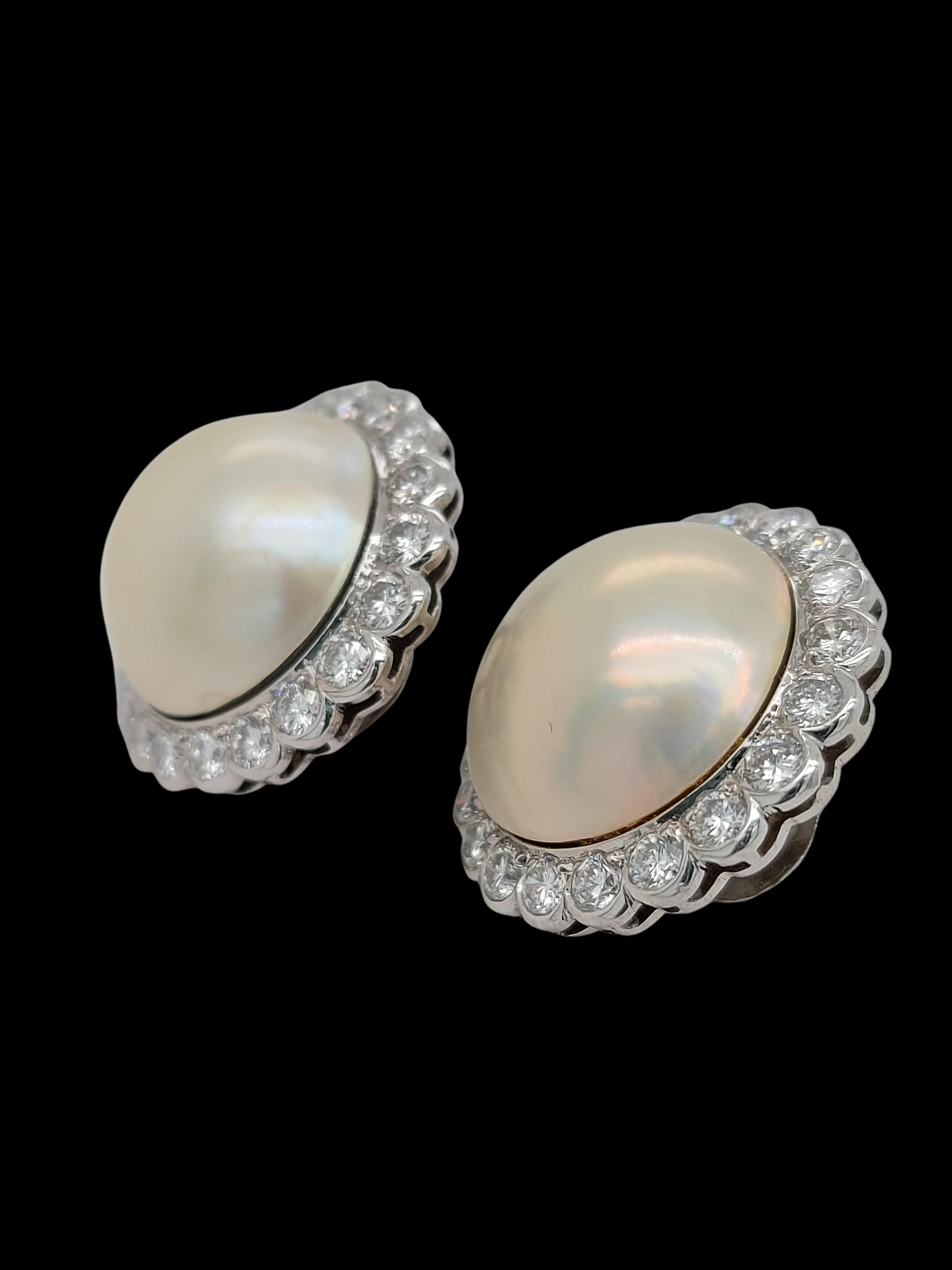 18kt White Gold Mabe Pearl Clip-On Earrings Surrounded with Diamonds For Sale 9