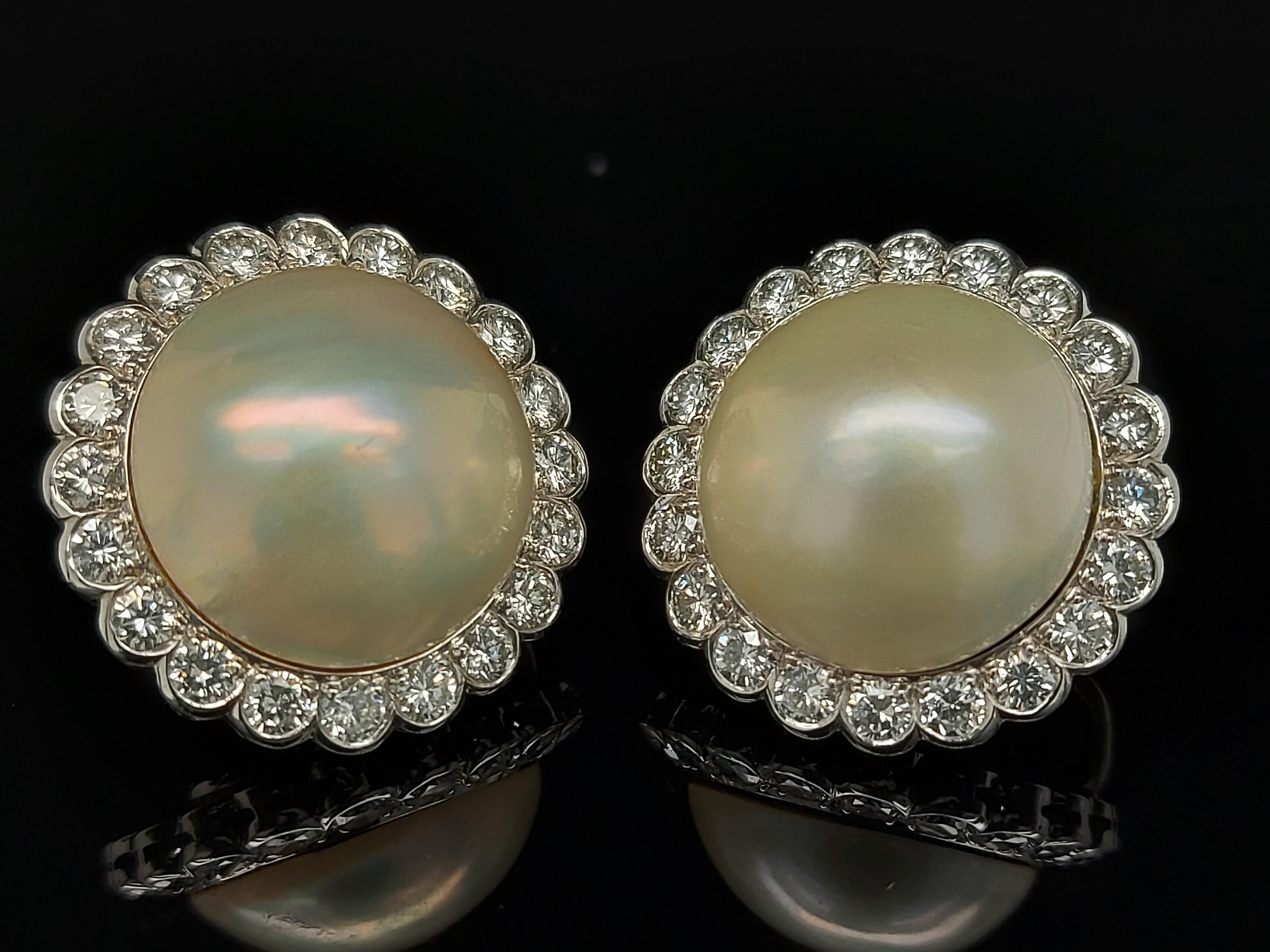 Women's or Men's 18kt White Gold Mabe Pearl Clip-On Earrings Surrounded with Diamonds For Sale