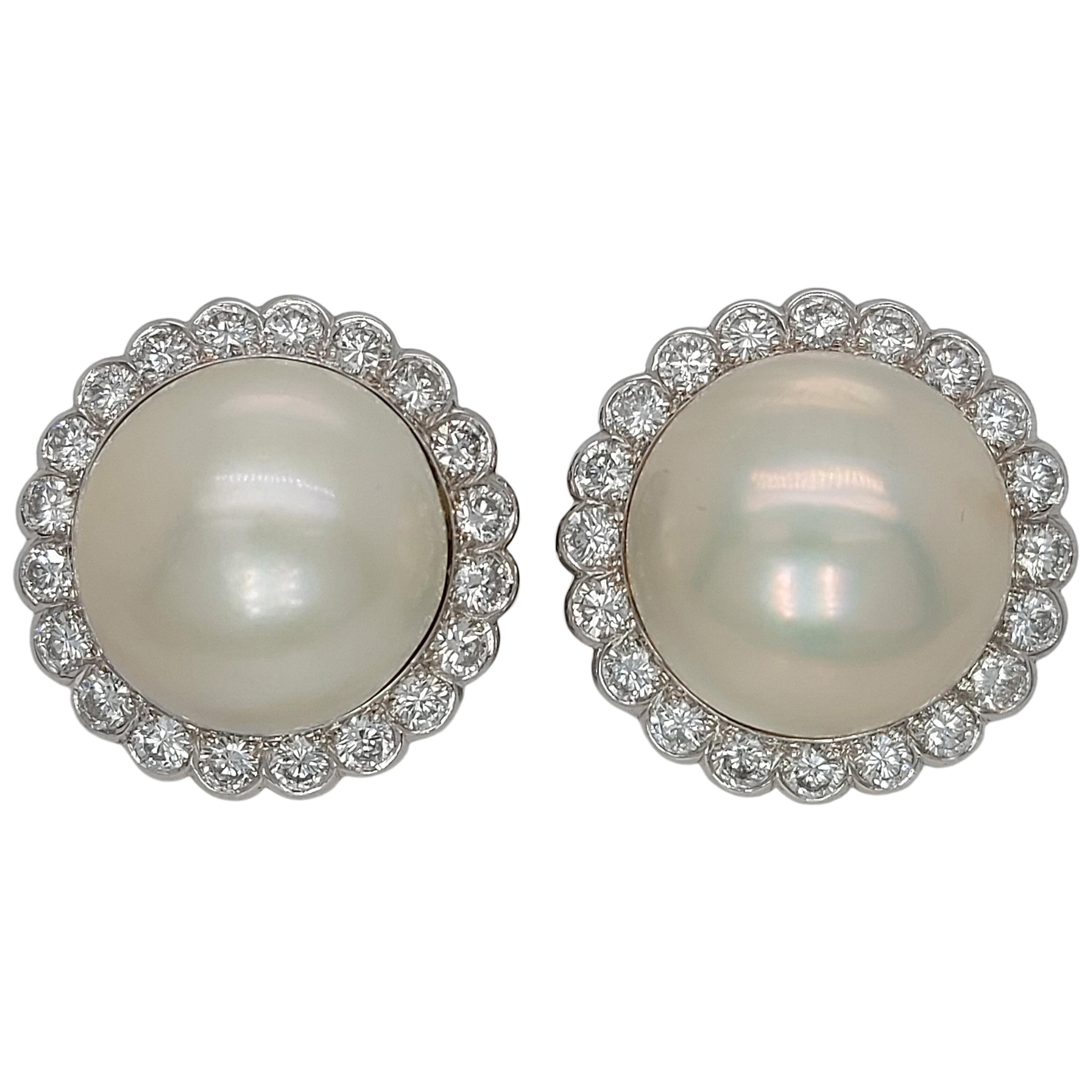18 Karat White Gold Mabe Pearl Clip-On Earrings Surrounded with Diamonds