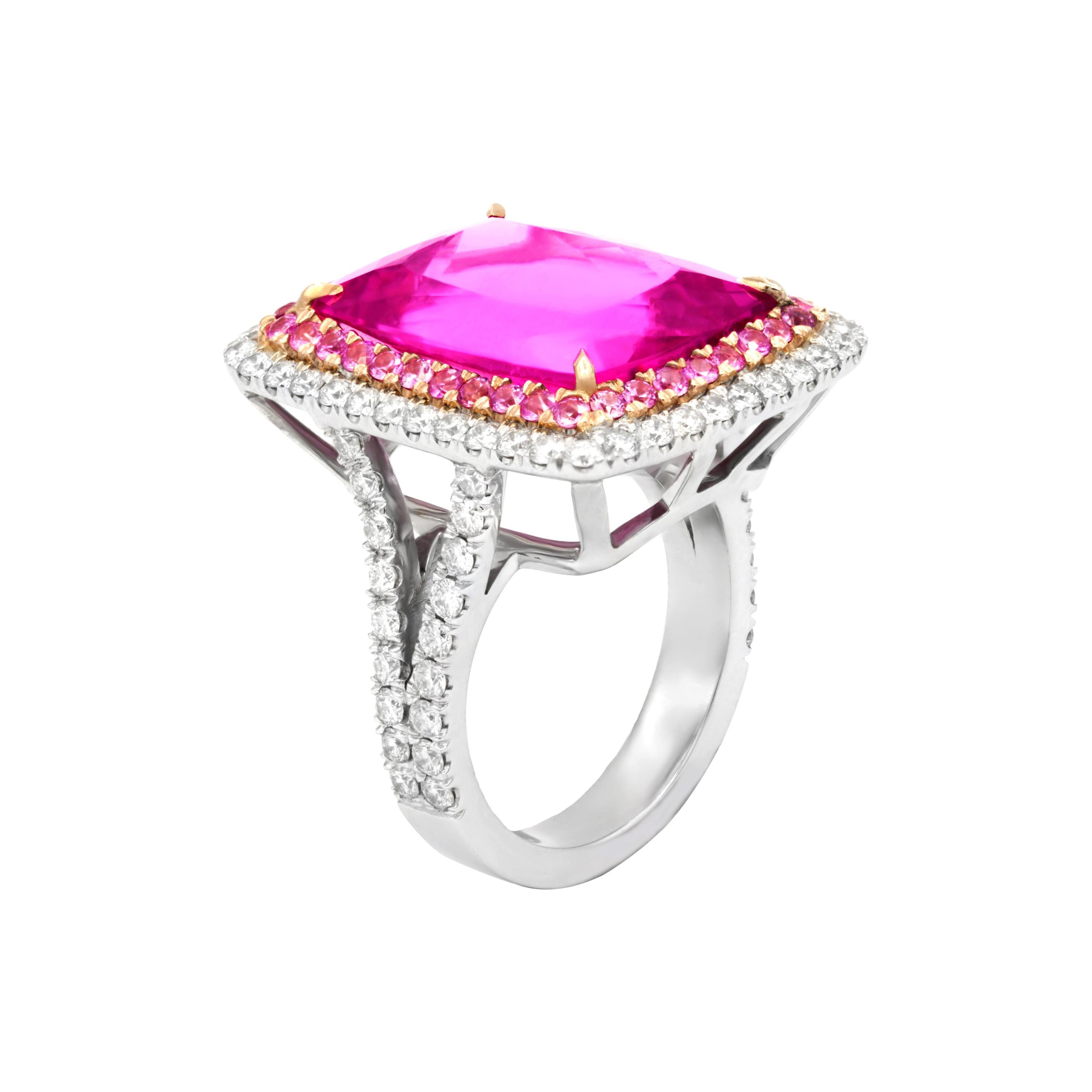 18kt White Gold Magnificent Pink (Rubelite) Tourmaline Diamond Ring With 16.61ct Of Pink Tourmaline Set In Double Halo Setting With .90ct Of Pink Sapphires And 1.50ct Of Micropave Diamonds.
Diana M. is a leading supplier of top-quality fine jewelry