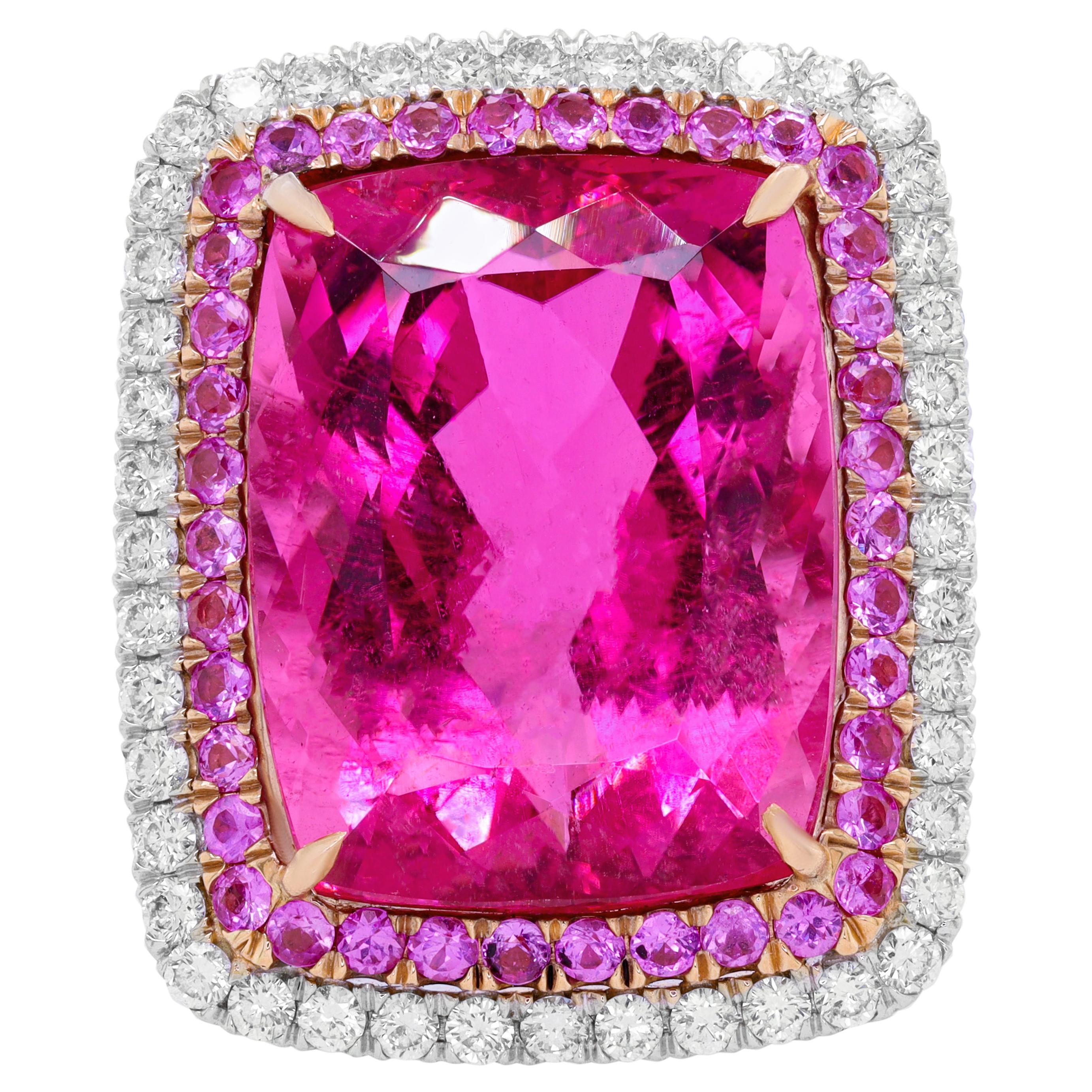 18kt White Gold Magnificent Pink Tourmaline Diamond Ring with Micropave Diamonds For Sale
