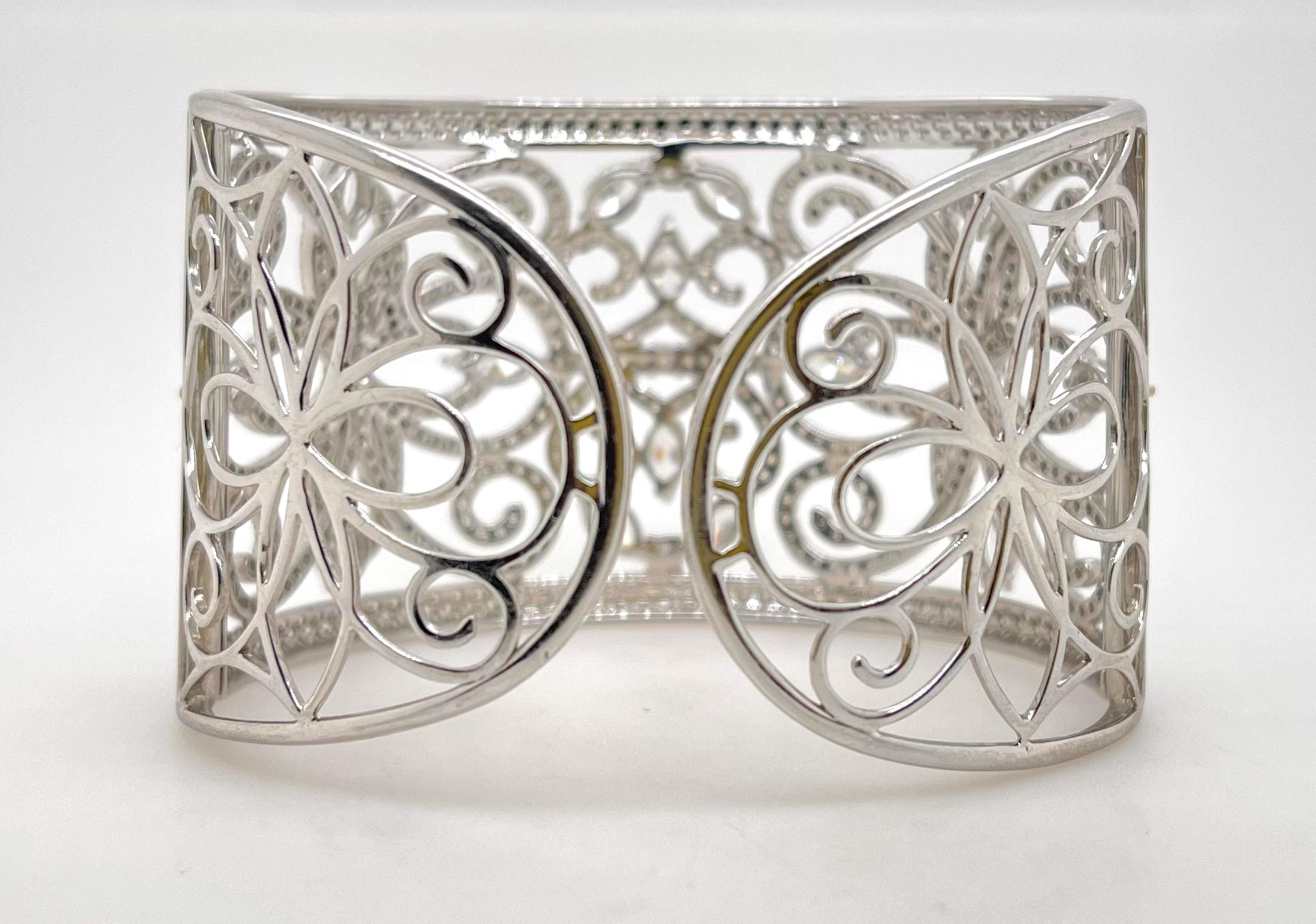 Round Cut 18kt White Gold Marquise & Diamond Filagree Cuff Bracelet