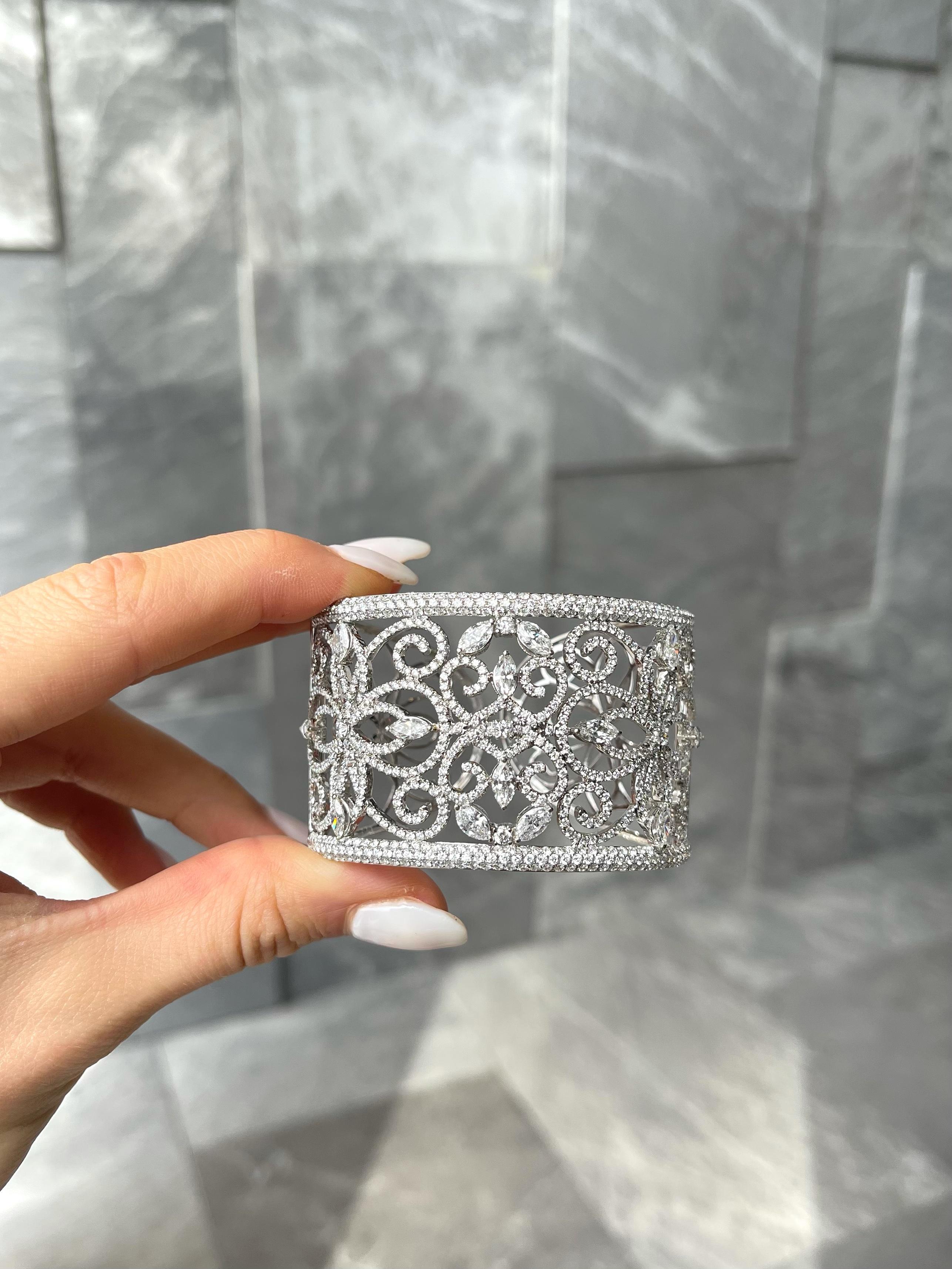 18kt White Gold Marquise & Diamond Filagree Cuff Bracelet 1