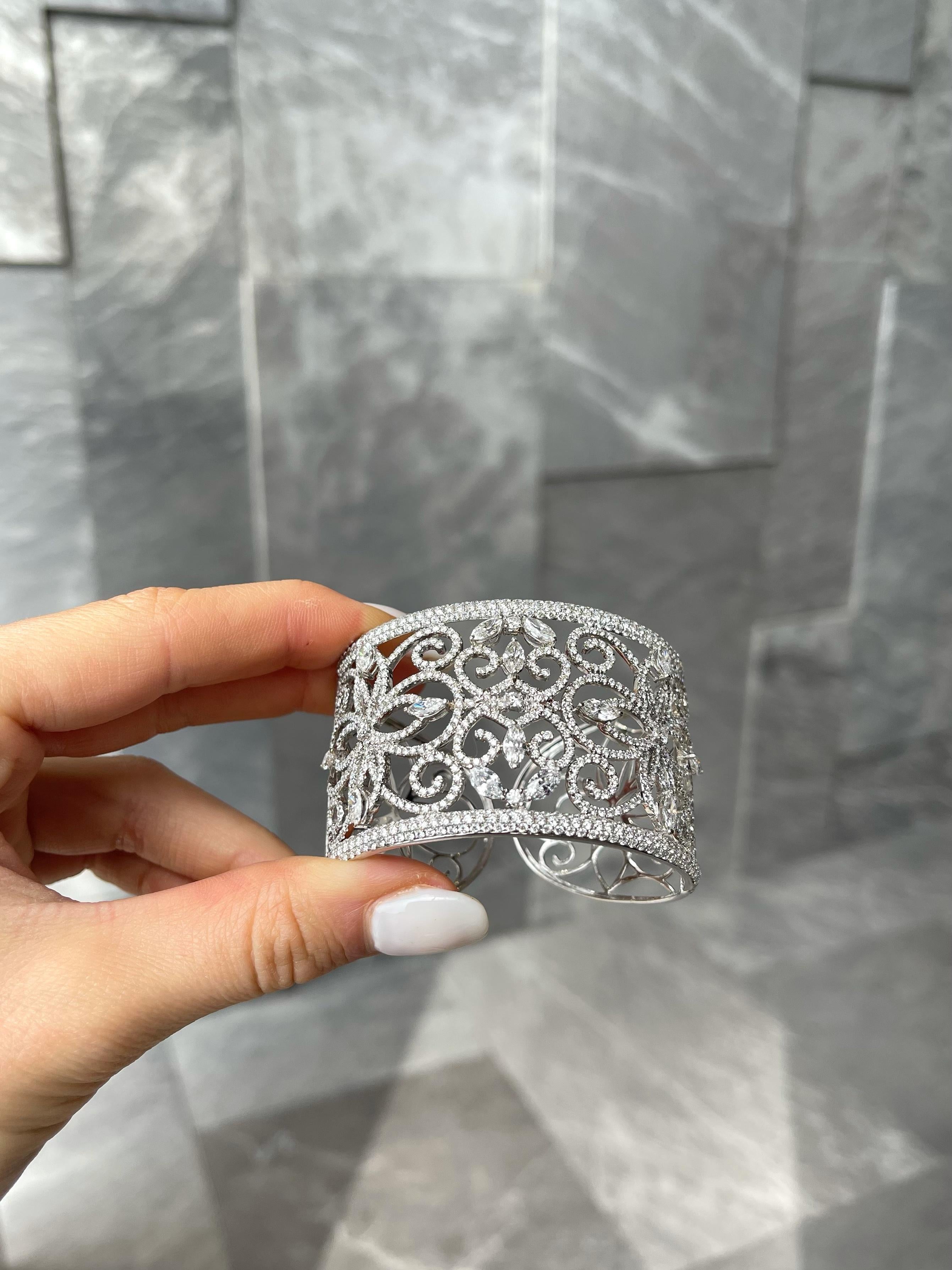 18kt White Gold Marquise & Diamond Filagree Cuff Bracelet 2